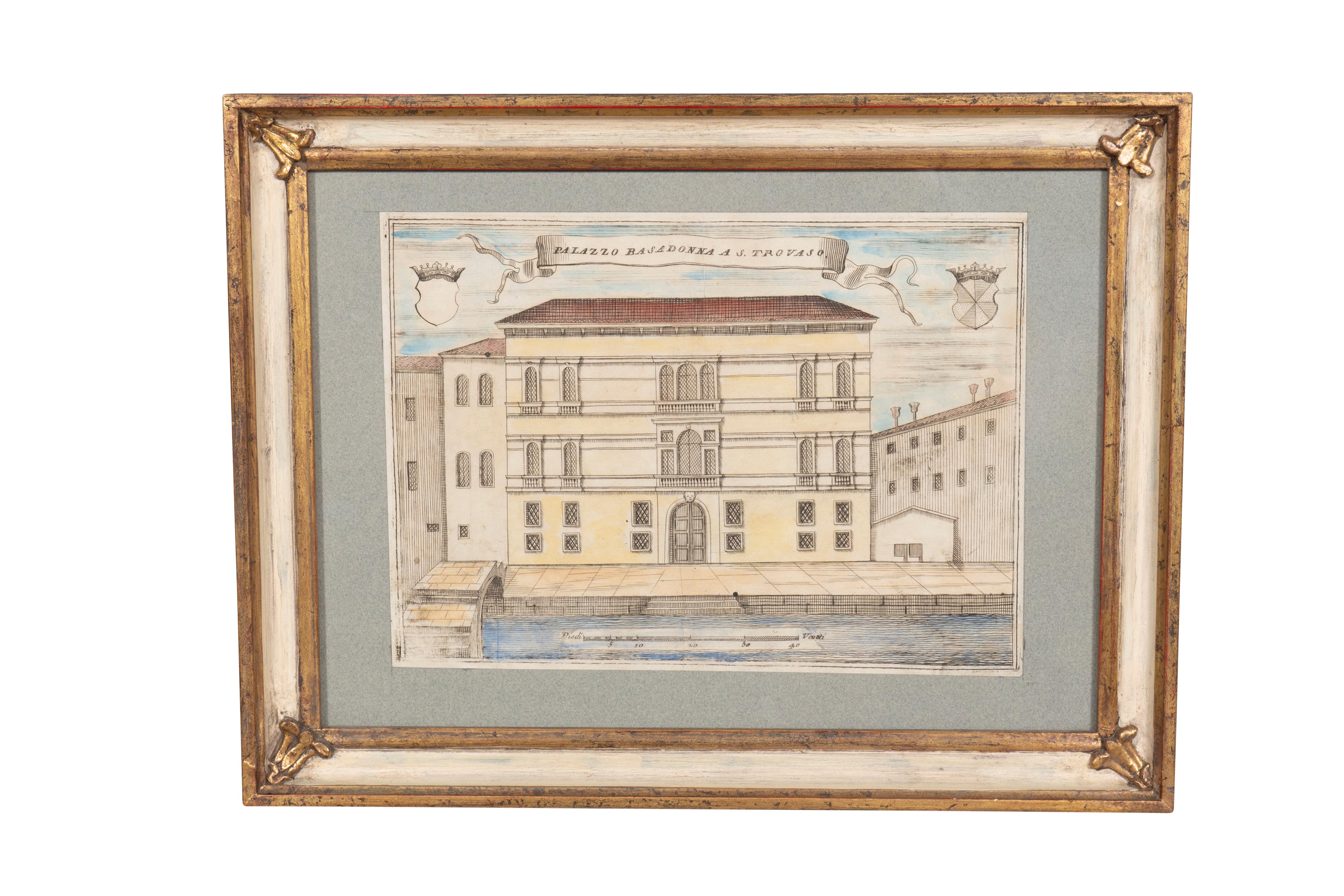 Hand-Painted Group of Nine Framed Colored Engravings of Venetian Palazzos For Sale