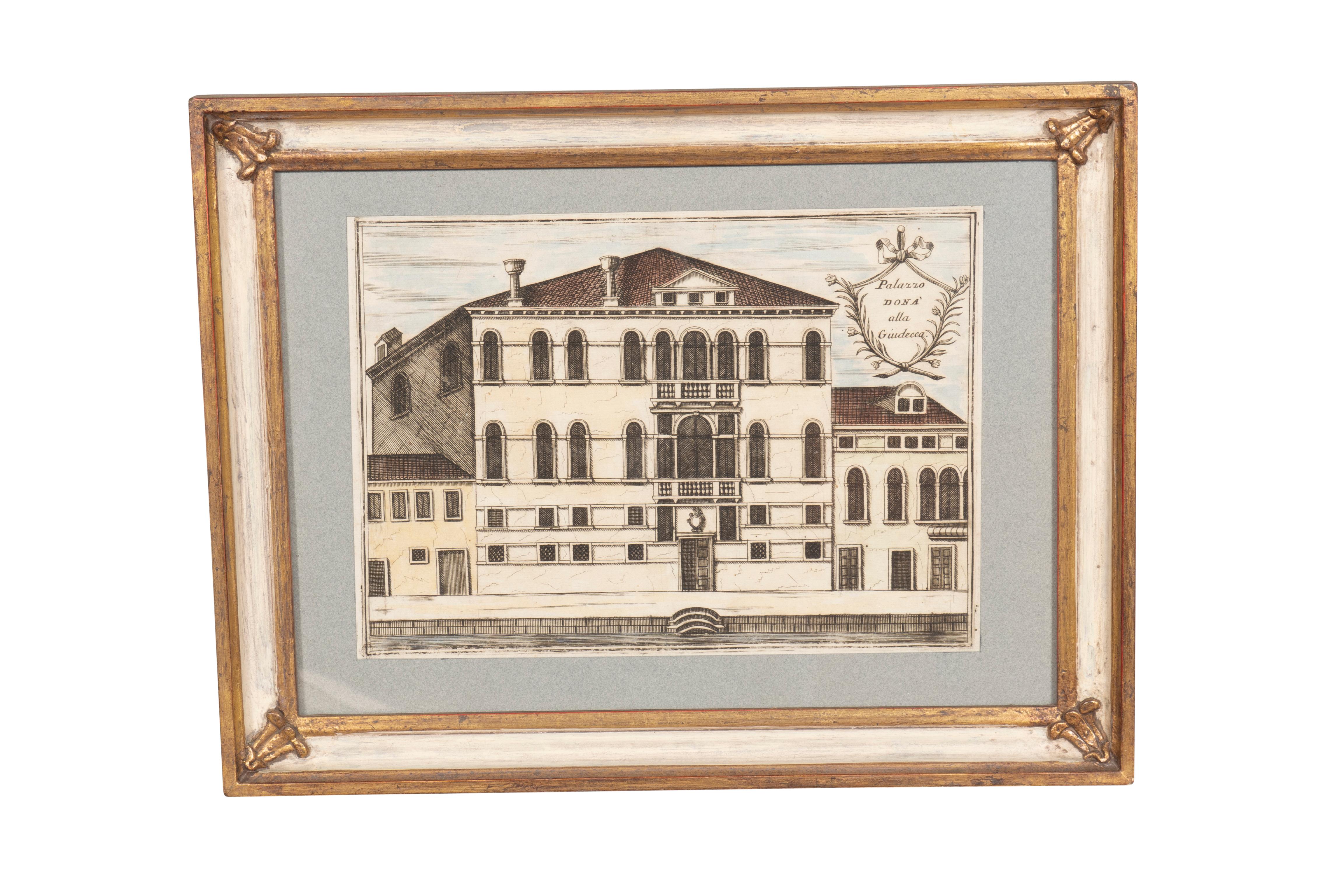 Gruppe von neun gerahmten, farbigen Gravuren venezianischer Palazzos (18. Jahrhundert und früher) im Angebot