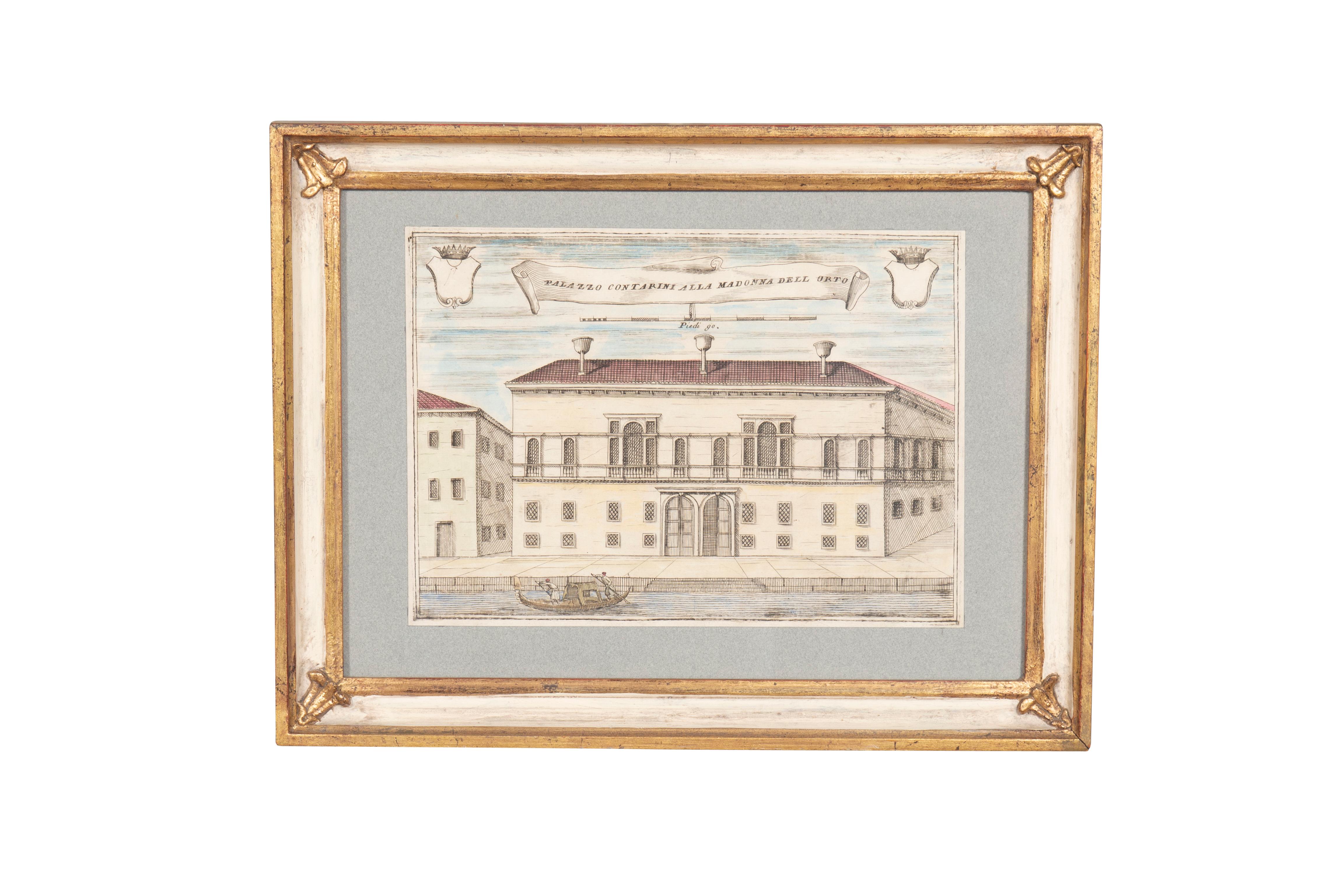 Wood Group of Nine Framed Colored Engravings of Venetian Palazzos For Sale