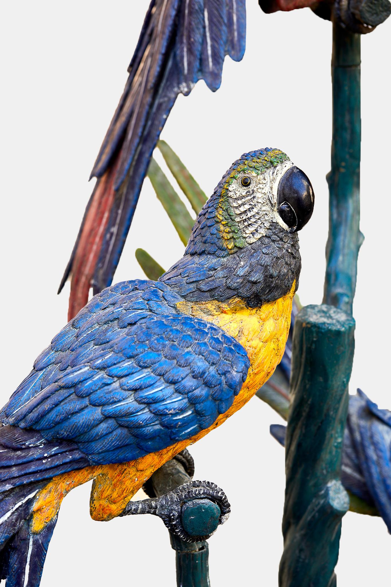 Painted Group of parrots on a painted bronze perch, 1970. For Sale