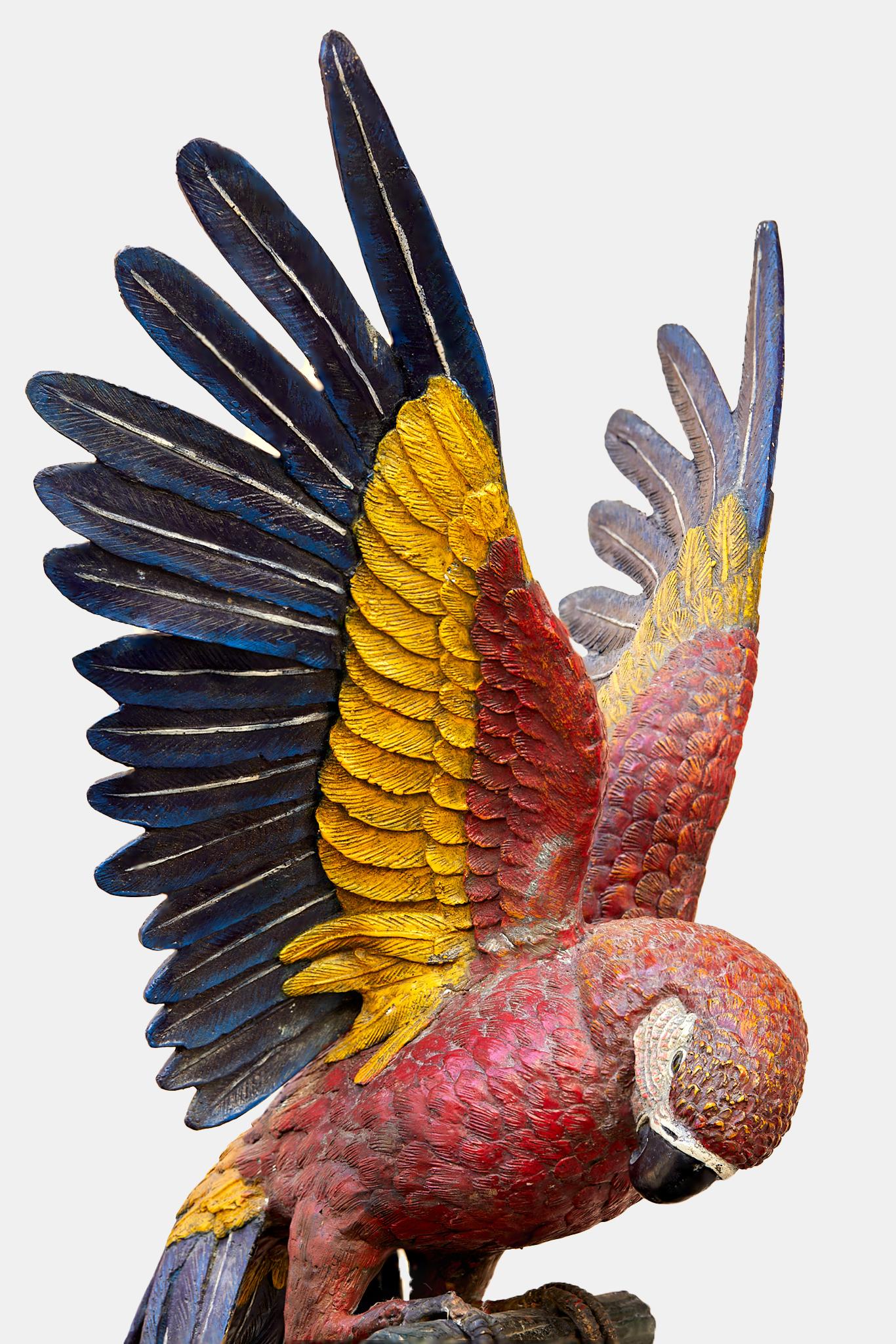 Late 20th Century Group of parrots on a painted bronze perch, 1970. For Sale