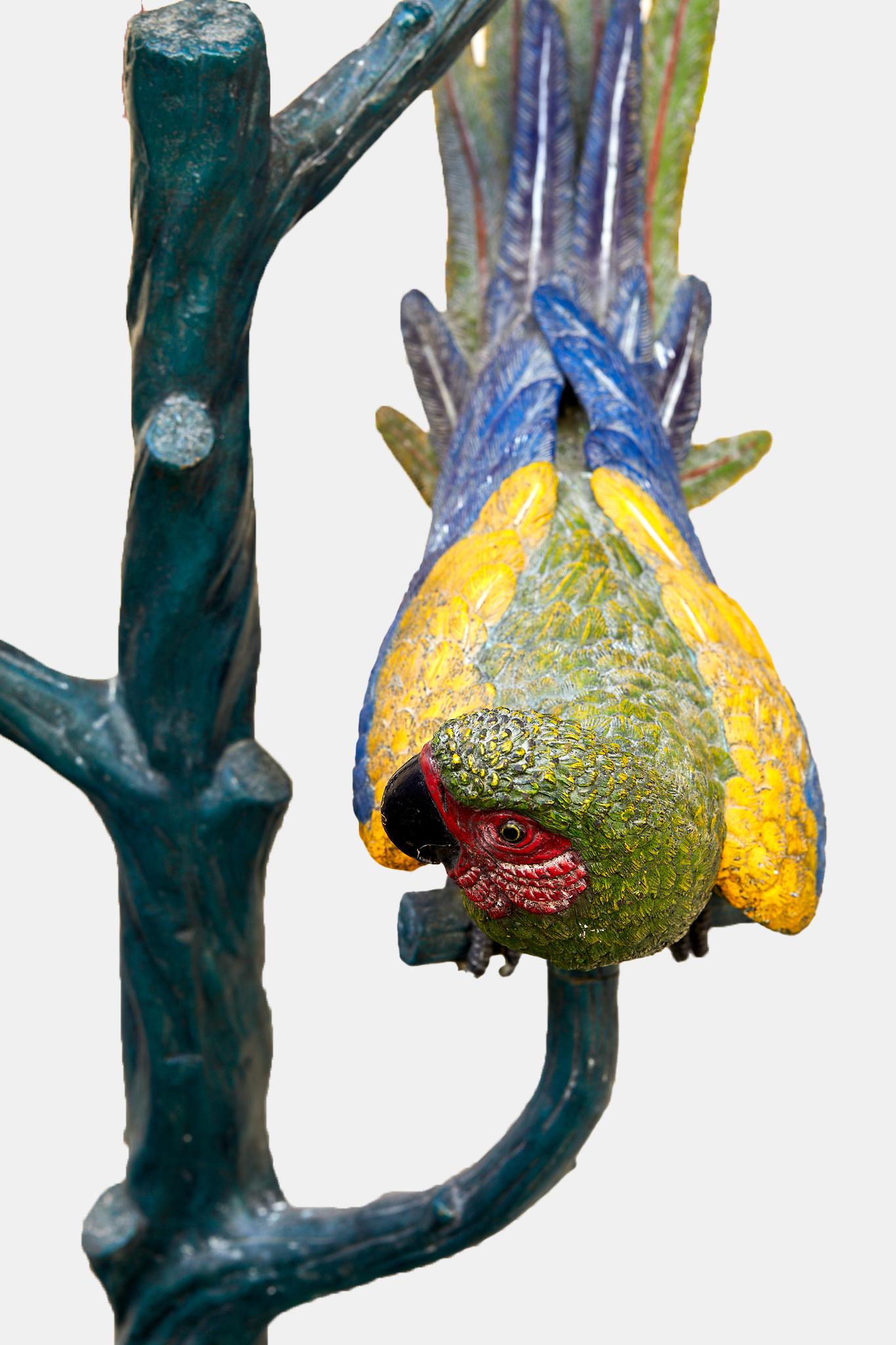 Bronze Group of parrots on a painted bronze perch, 1970. For Sale