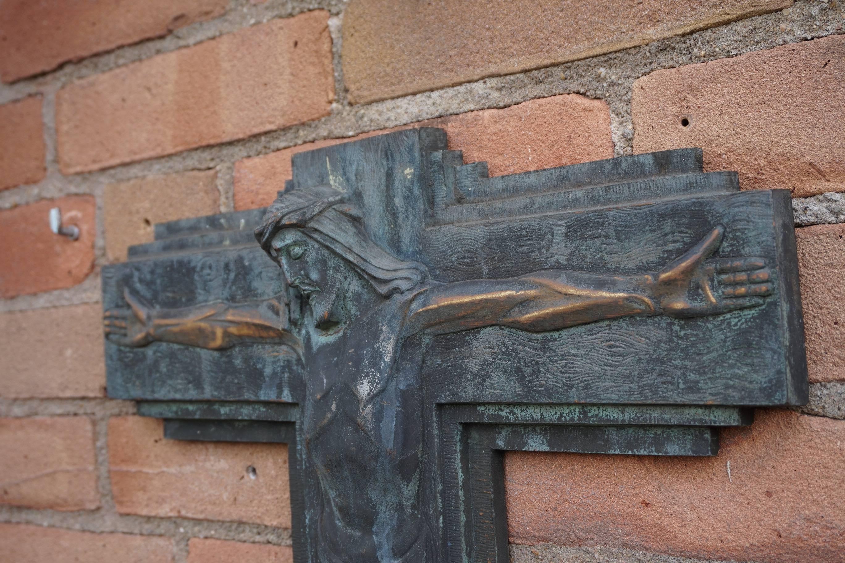 Patinated Group of Religious Art Deco Bronze Wall Plaques by Sylvain Norga Crucifix & More