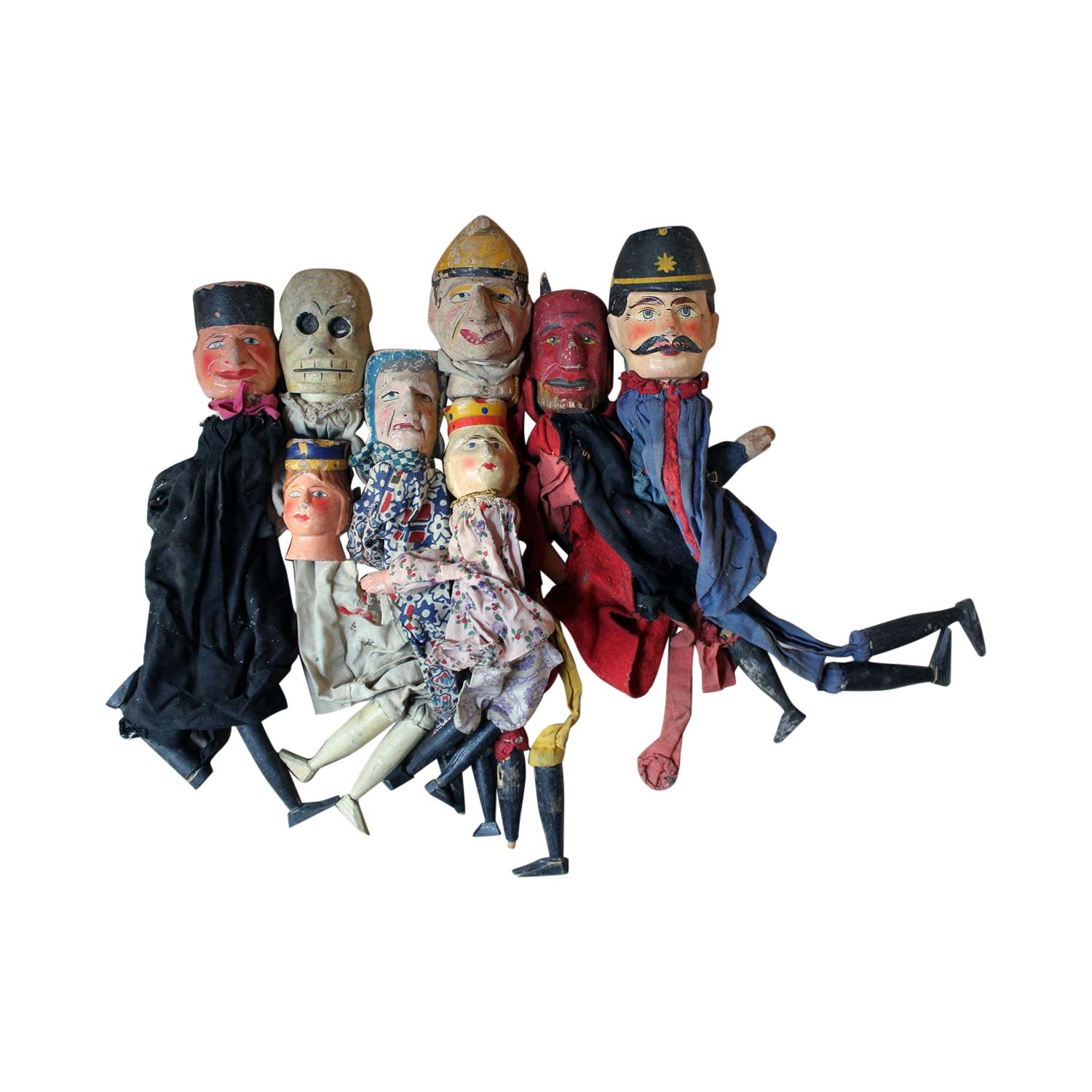 Group of Seven Late 19th Century English Folk Art Punch & Judy Finger Puppets