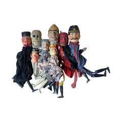 Antique Group of Seven Late 19th Century English Folk Art Punch & Judy Finger Puppets