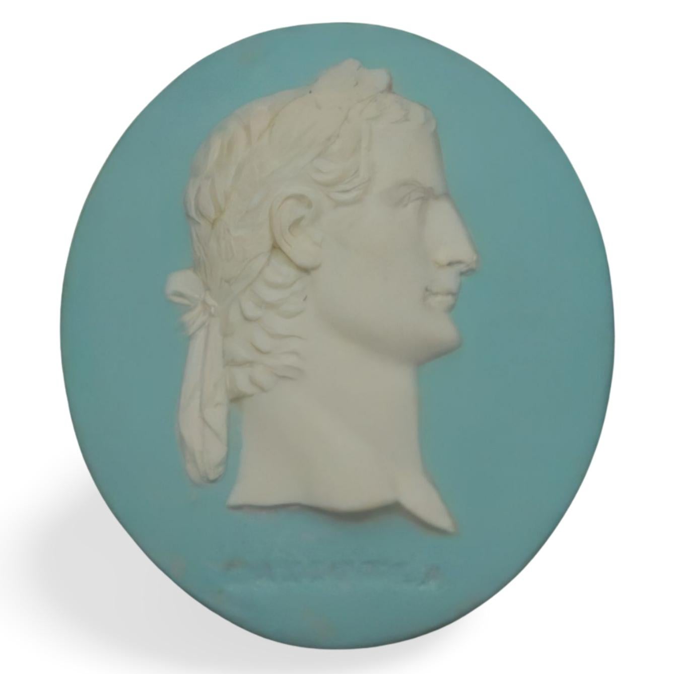 Set of seven jasperware medallions, one a double portrait. Two are bright yellow, a very rare colour indeed. They show: Hadrian - Titus - Caligula Marcus Arelius &; Julius Ceasar Didius Julianus - Galba - Antoninus Pius