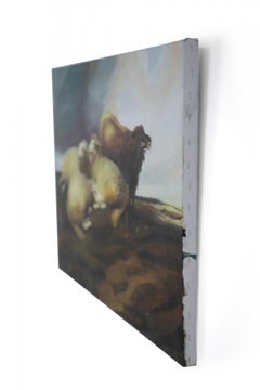 Group of Sheep in Field Oil Painting, Mid-Century Modern, 20th Century