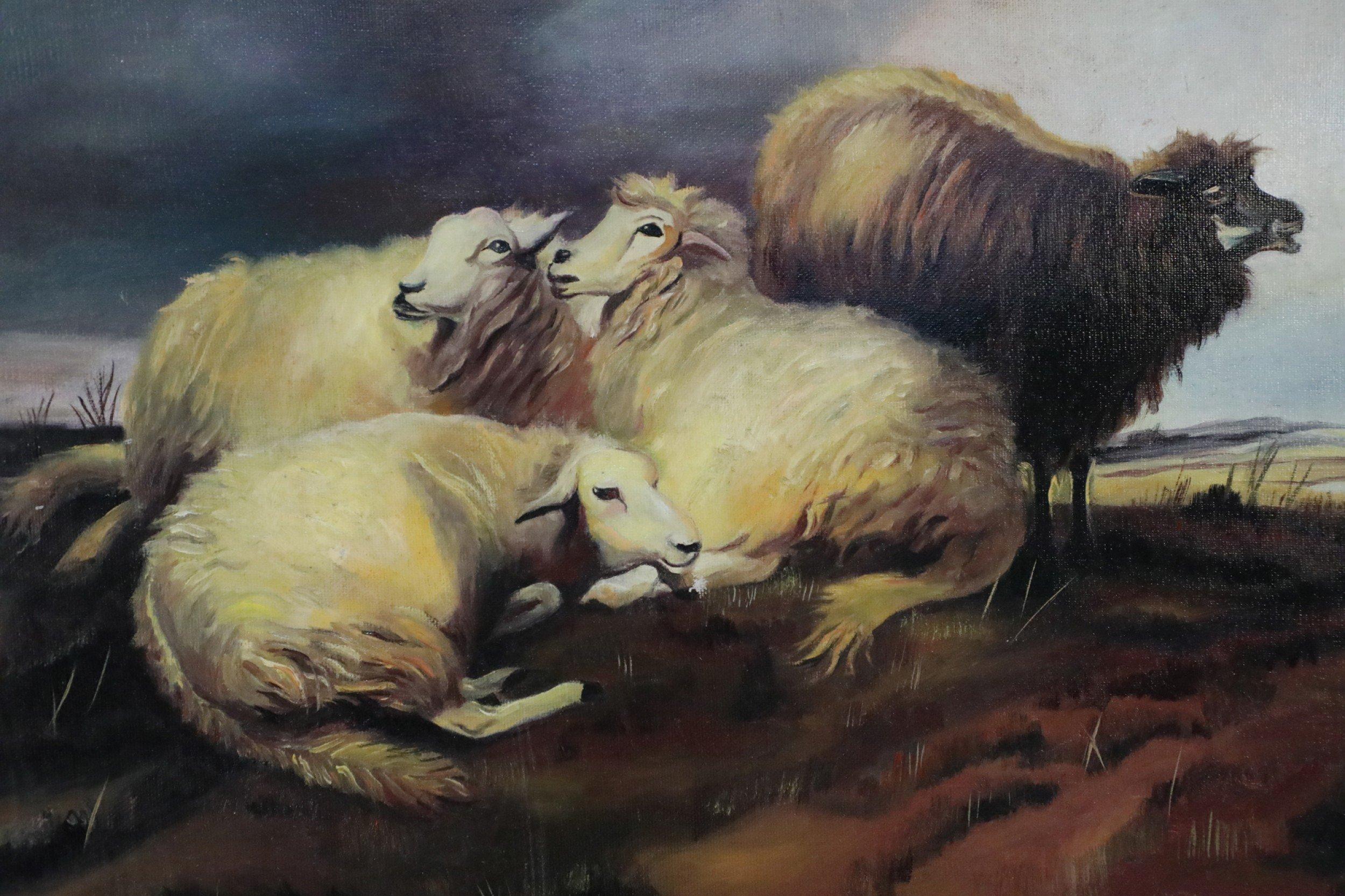 Mid-Century Modern Group of Sheep in Field Oil Painting on Canvas For Sale