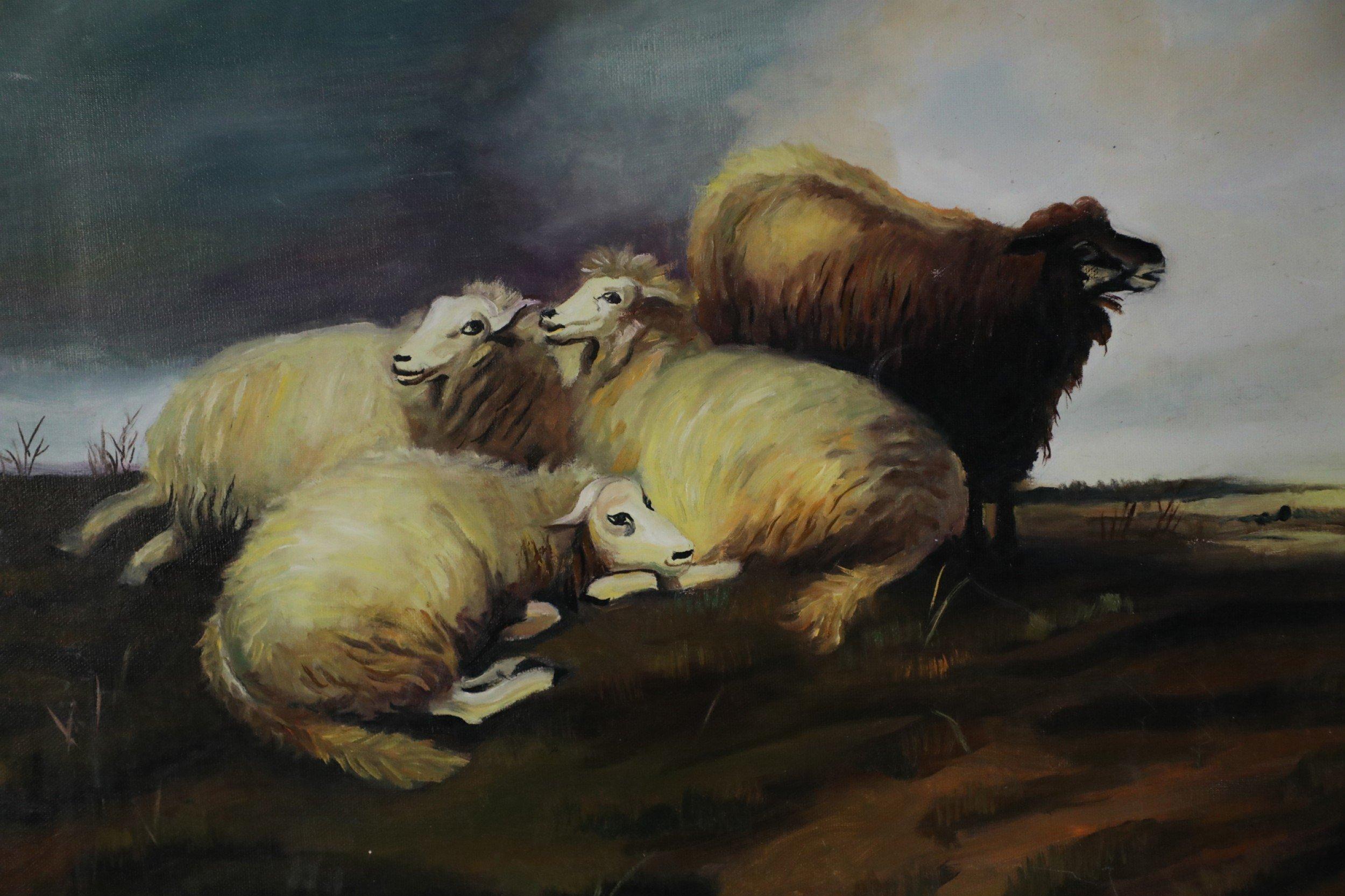 American Group of Sheep in Field Oil Painting on Canvas For Sale