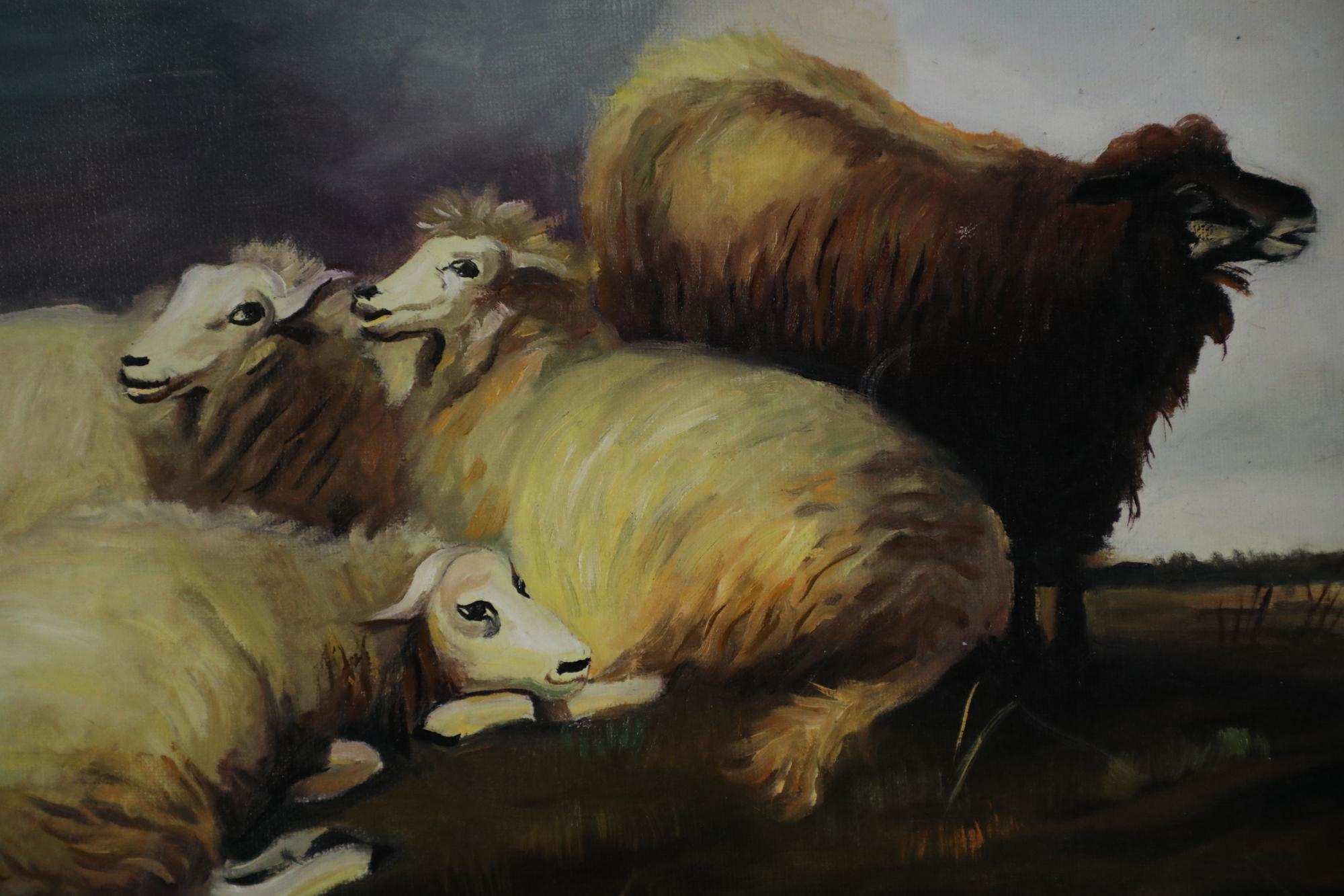Oiled Group of Sheep in Field Oil Painting on Canvas For Sale