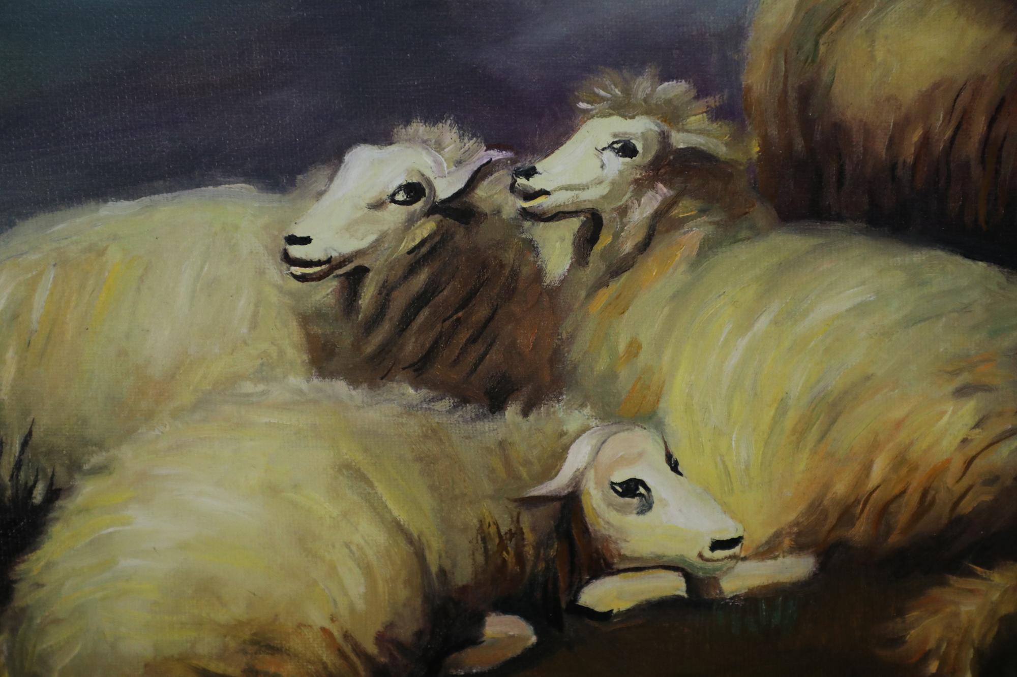 Mid-Century moderno Gruppo di pecore in un campo Pittura a olio su tela in vendita
