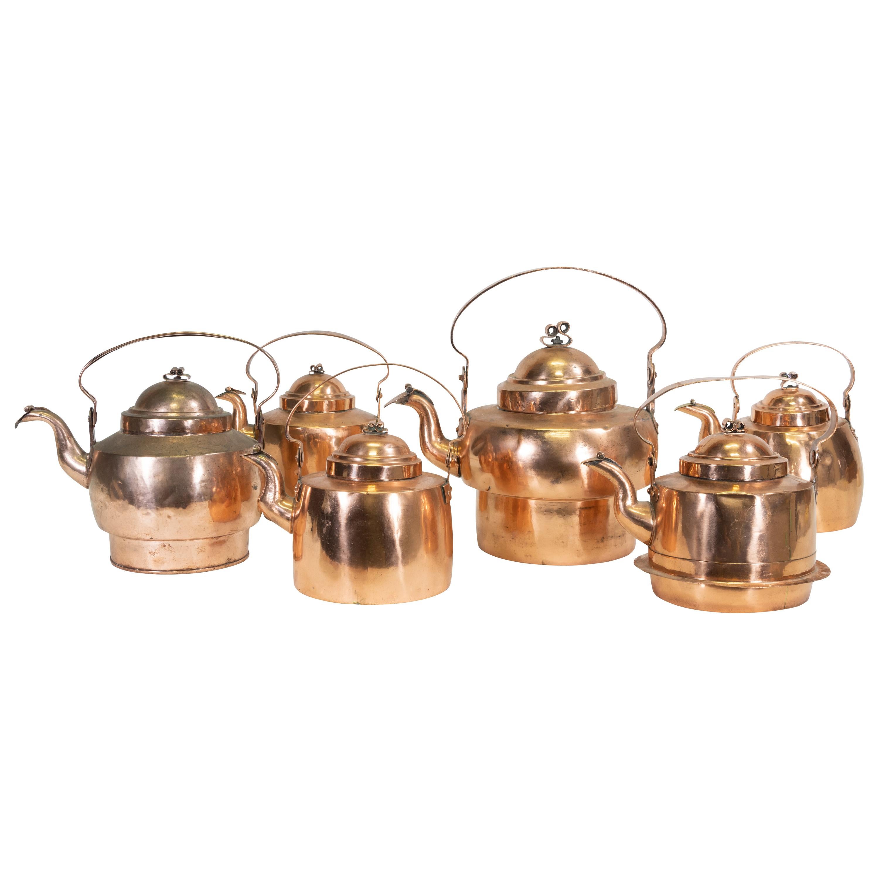 Group of Six 19th Century French Copper Kettles