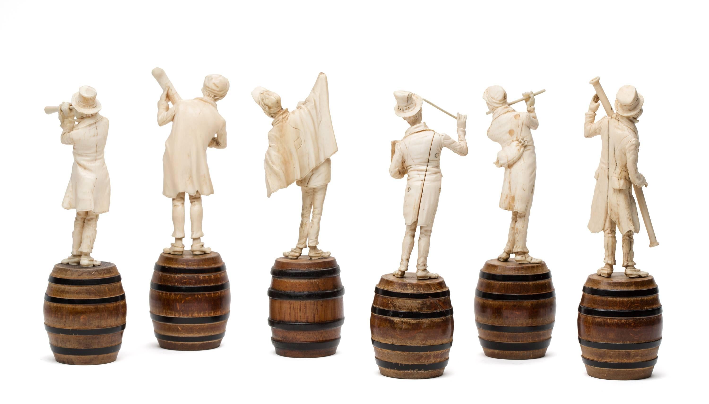 A group of six South German or Austrian hand-carved ivory musicians. The work is particularly fine, and the figures are outstanding examples of this genre. All are in very good condition, though the bassoon player is missing his mouthpiece, and the