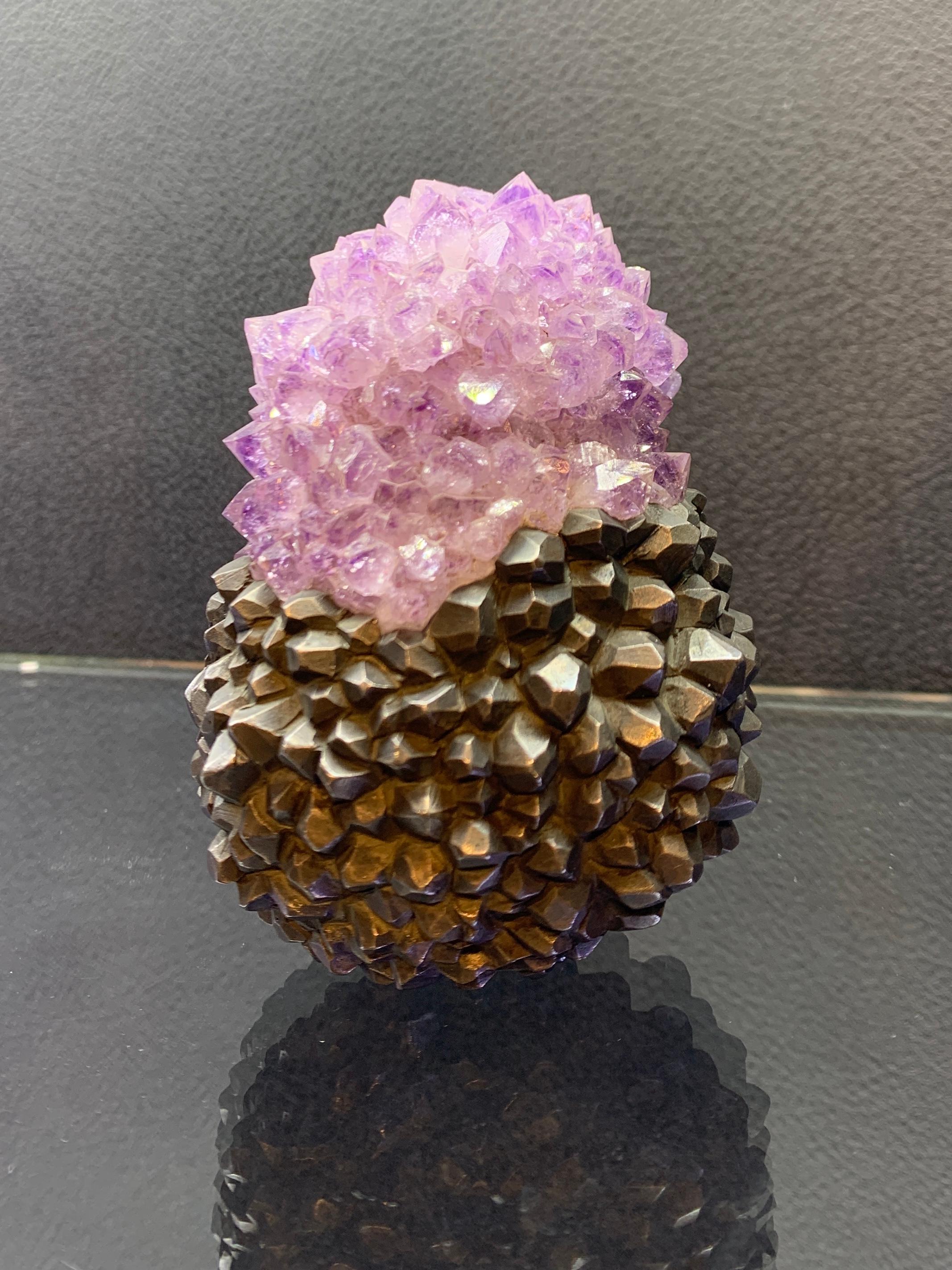 Group of Six Amethyst Crystals & Silver Objects by Jar 12