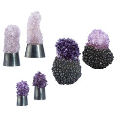 Group of Six Amethyst Crystals & Silver Objects by Jar