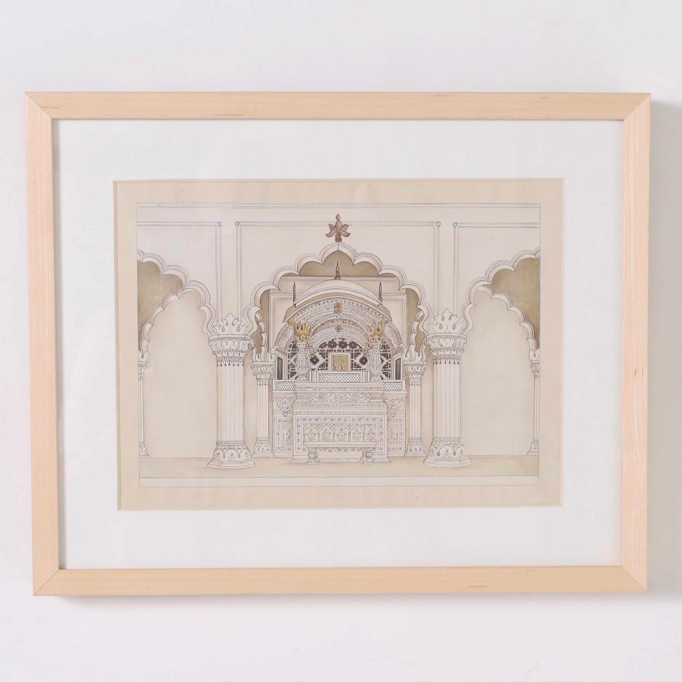 Transporting antique group of six watercolors depicting Indian architecture in soft muted colors. Presented in wood frames under glass.