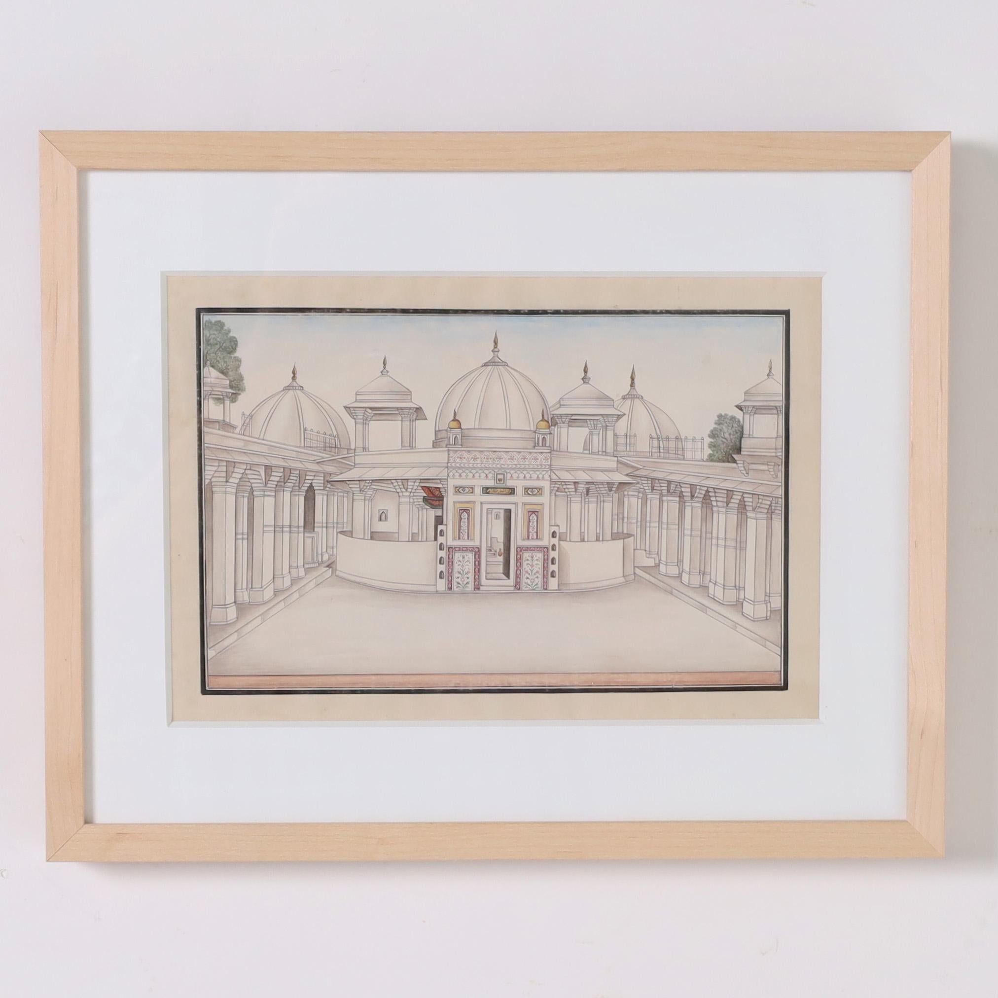Group of Six Antique Indian Architectural Watercolors In Good Condition In Palm Beach, FL