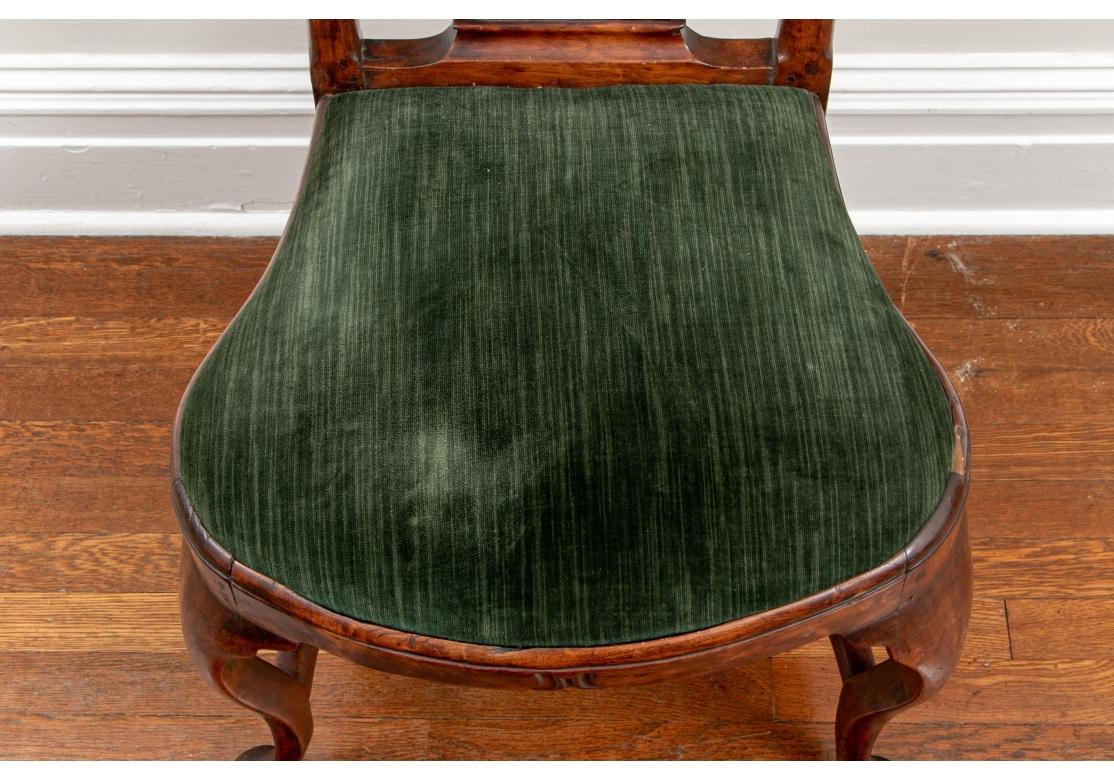 Velvet Group Of Six Antique Queen Anne Style Burl Dining Chairs For Restoration For Sale