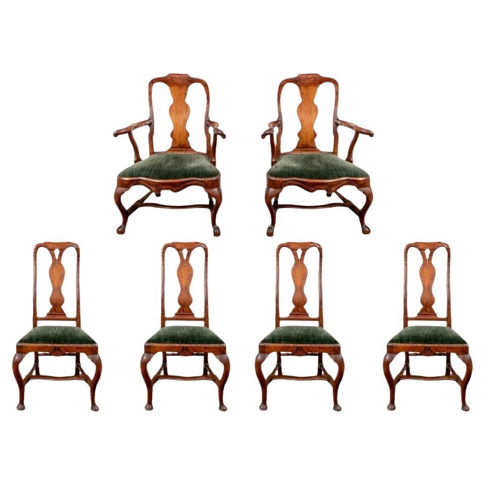 Group Of Six Antique Queen Anne Style Burl Dining Chairs For Restoration For Sale