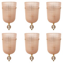 Grupo de seis apliques Demi-Lune de cristal de Murano rosa de estilo Art Déco, en stock