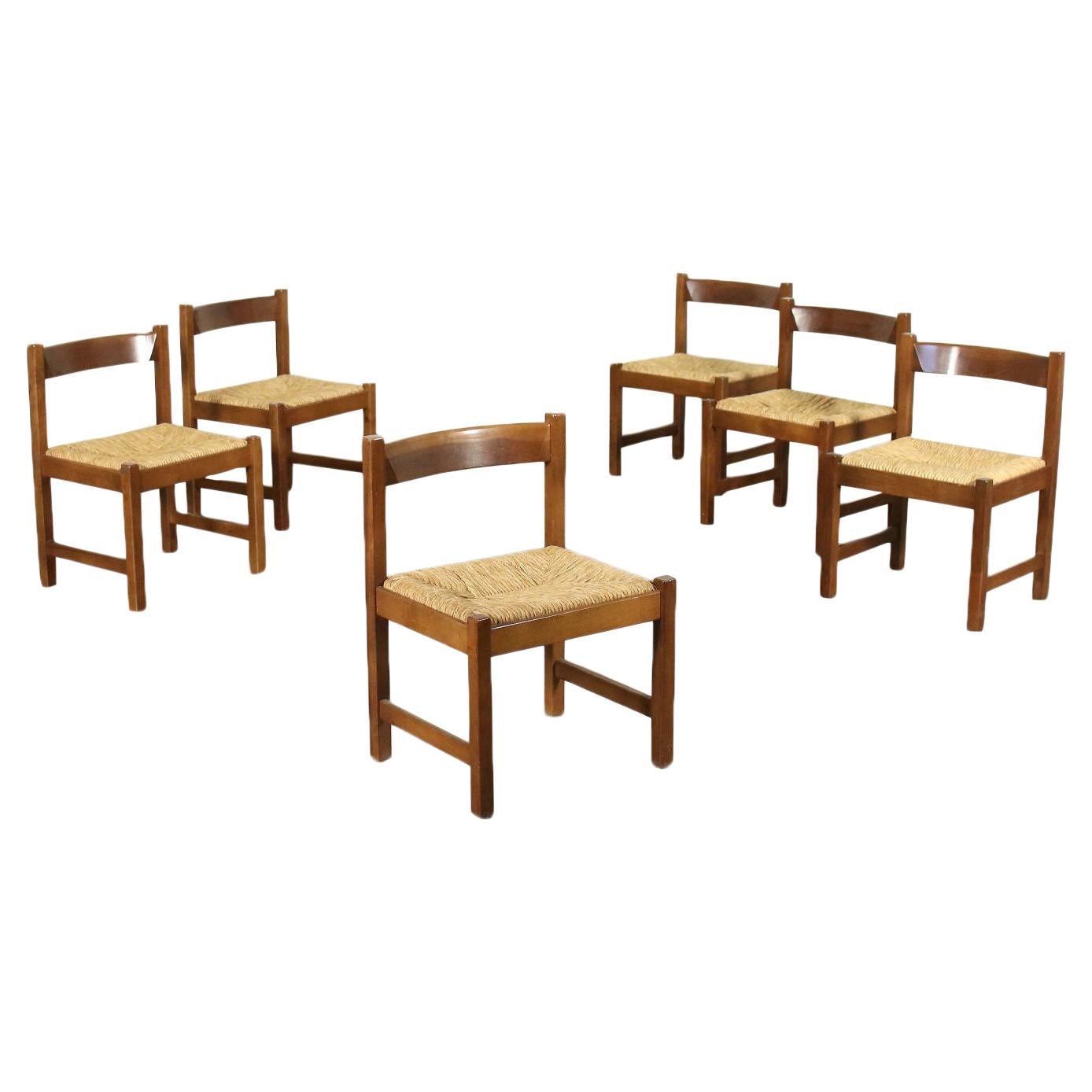 Group of Six Chairs Giovanni Michelucci Beech Raffia 1960s-1970s