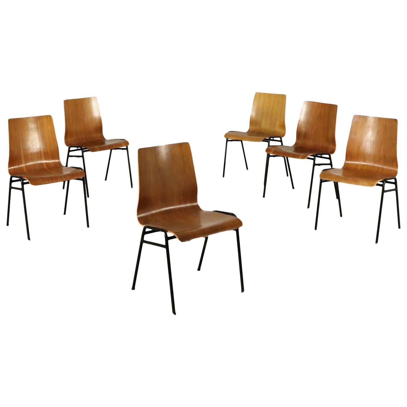 Group of Six Chairs Plywood Metal, Italy, 1960s-1970s