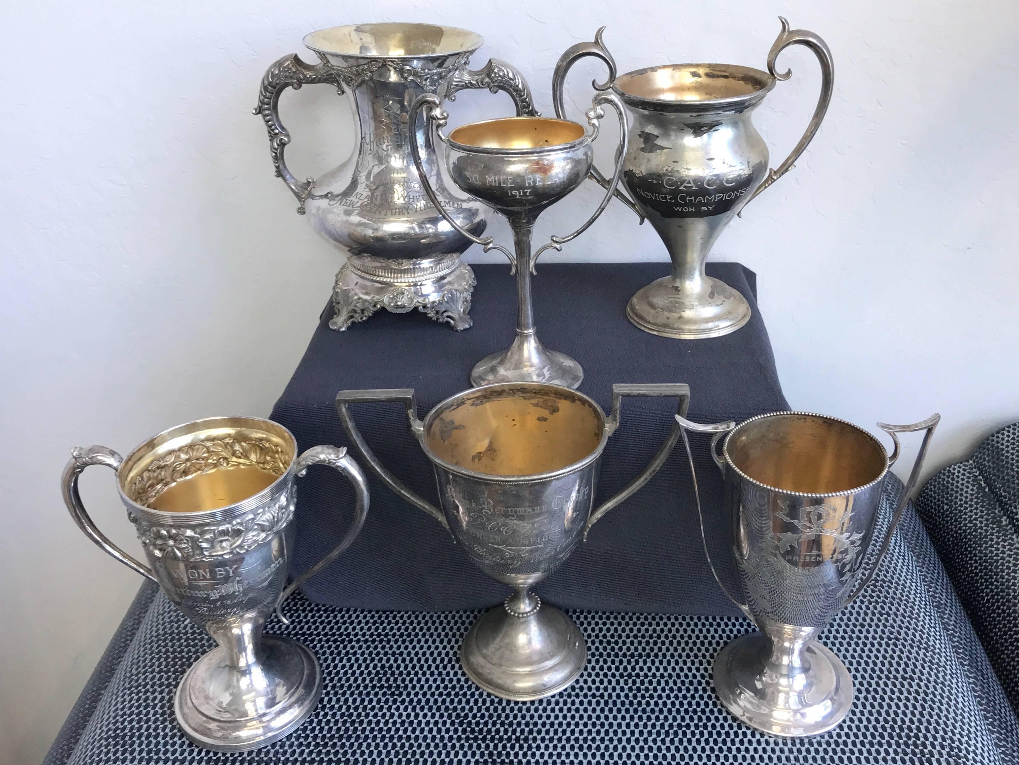 Sporting Art Group of Six Early 1900s California Bay Area Silverplate Cycling Trophies