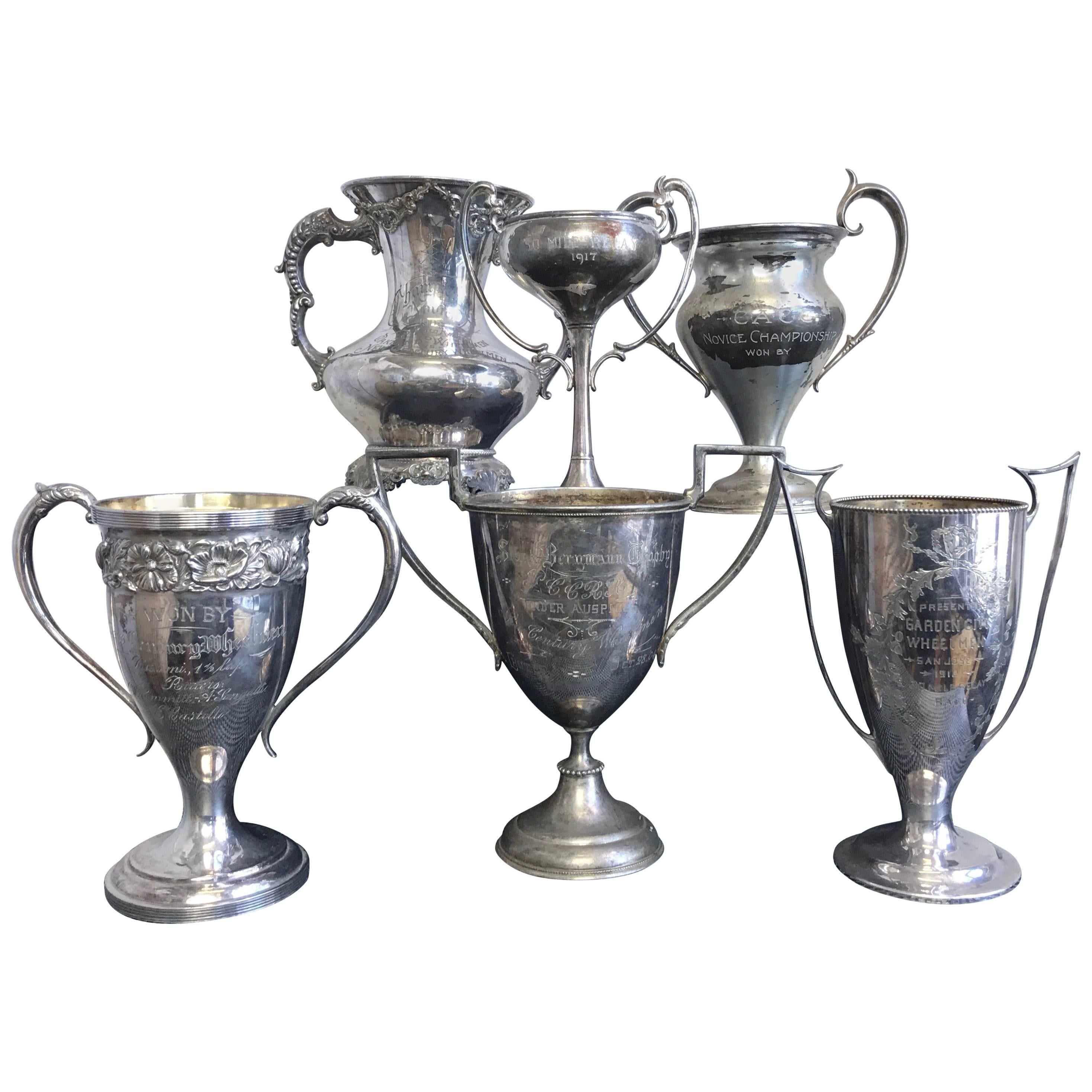 Group of Six Early 1900s California Bay Area Silverplate Cycling Trophies