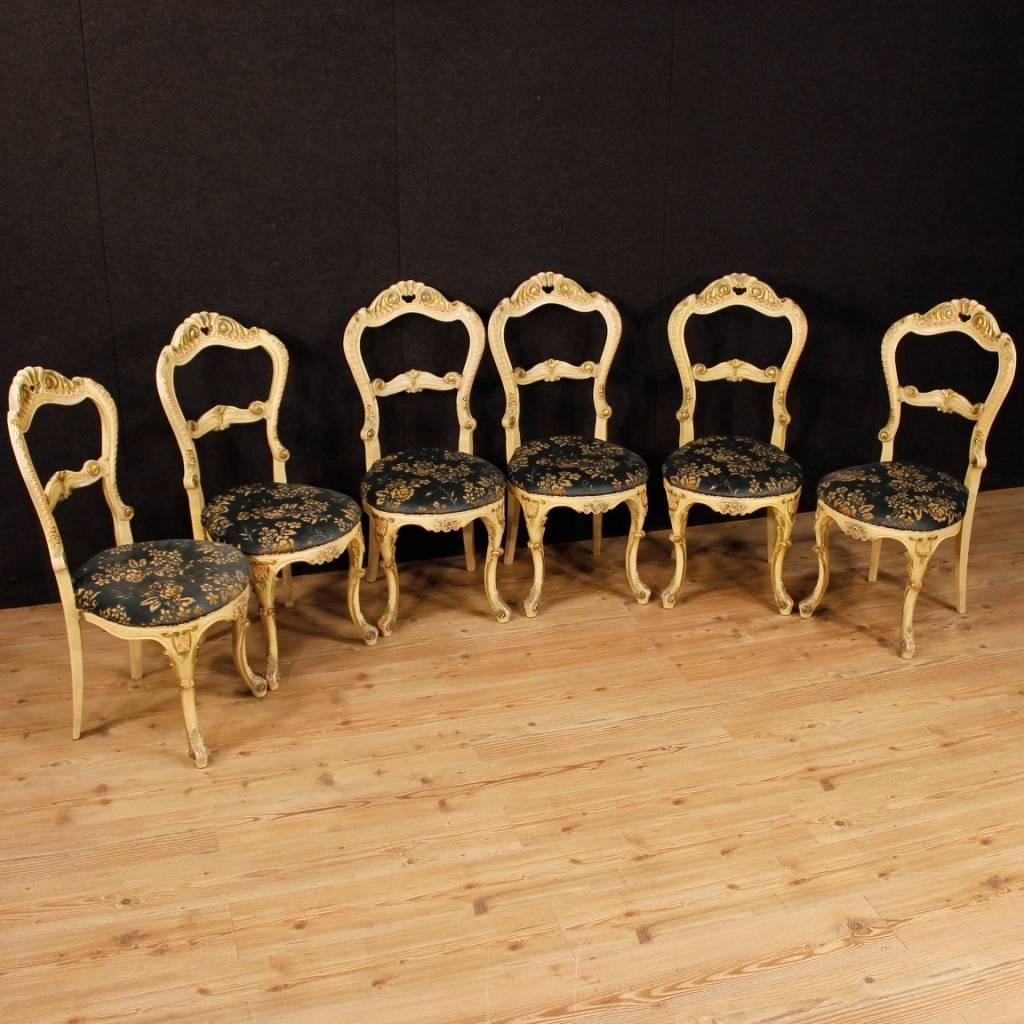 Group of Six Lacquered, Carved and Gilded Wooden Venetian Chairs, 20th Century 6