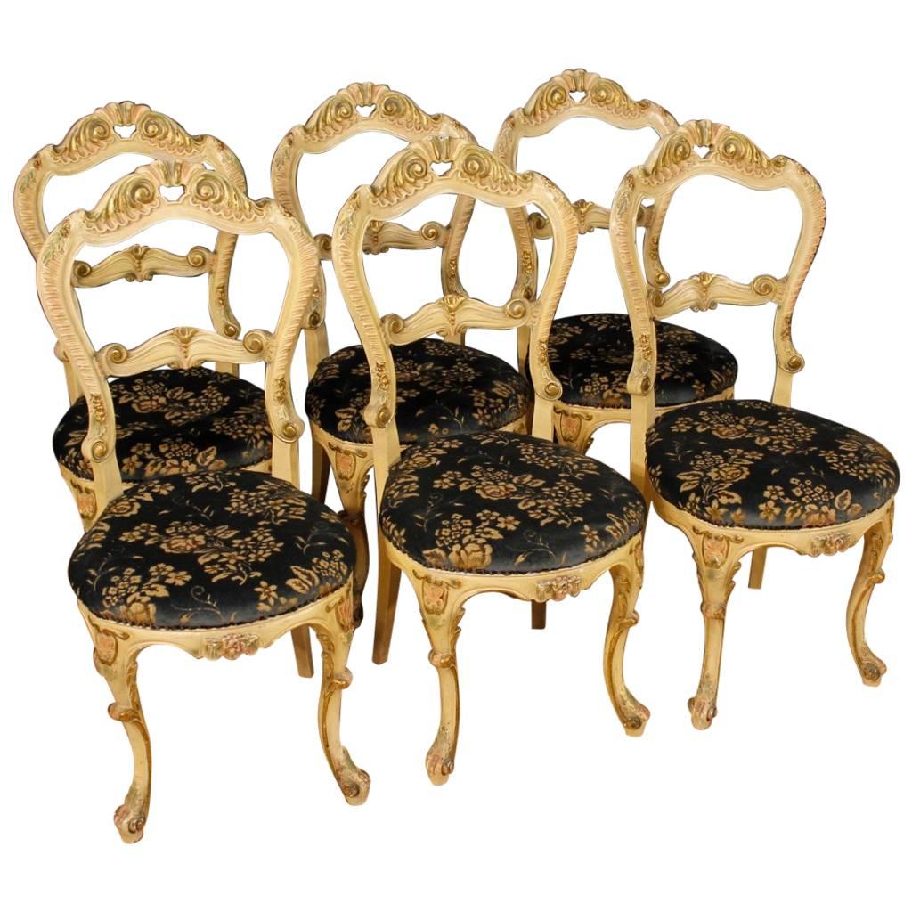 Group of Six Lacquered, Carved and Gilded Wooden Venetian Chairs, 20th Century