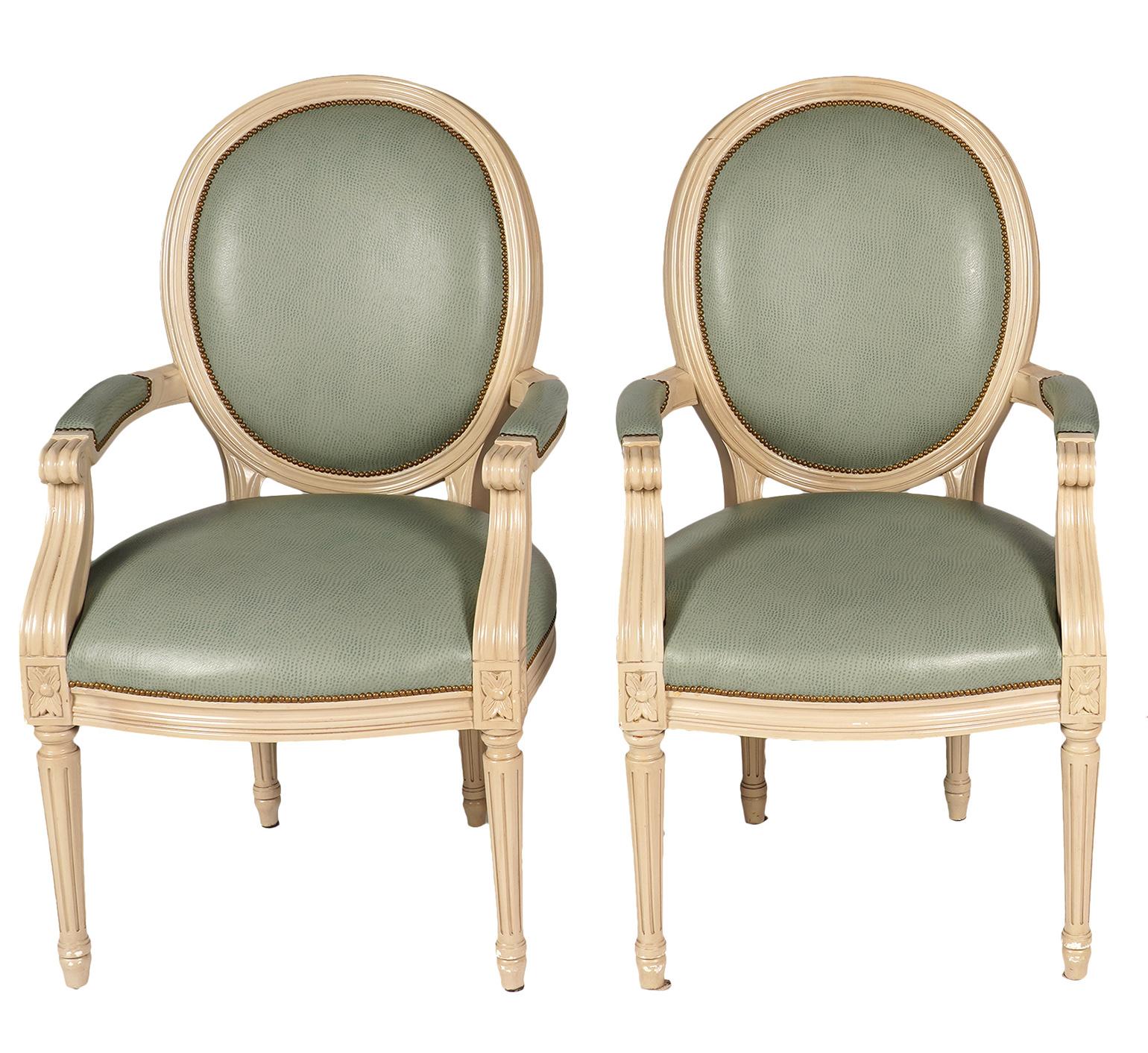 French Group of Six Louis XVI Style Painted and upholstered Oval Back Armchairs, 20th C