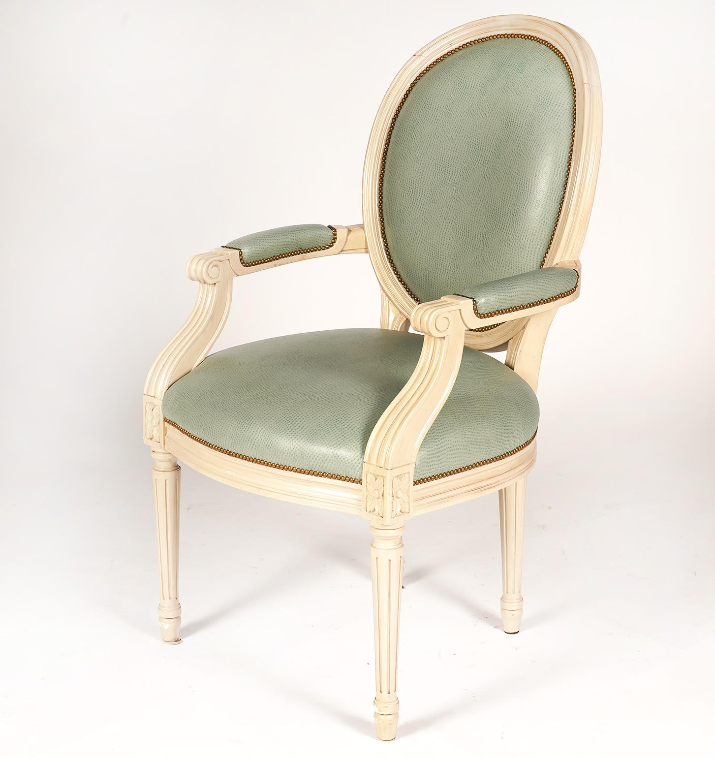 Group of Six Louis XVI Style Painted and upholstered Oval Back Armchairs, 20th C 2