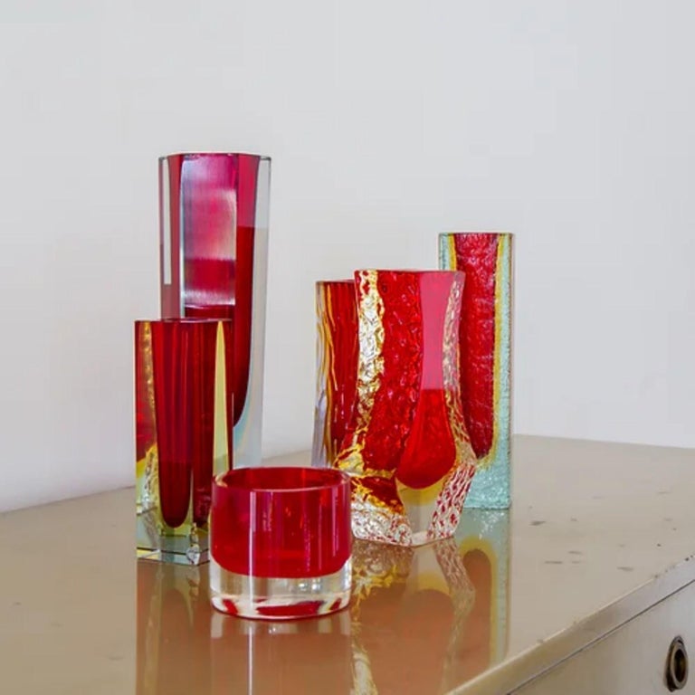 Group of Six Red Murano Glass Vases For Sale at 1stDibs