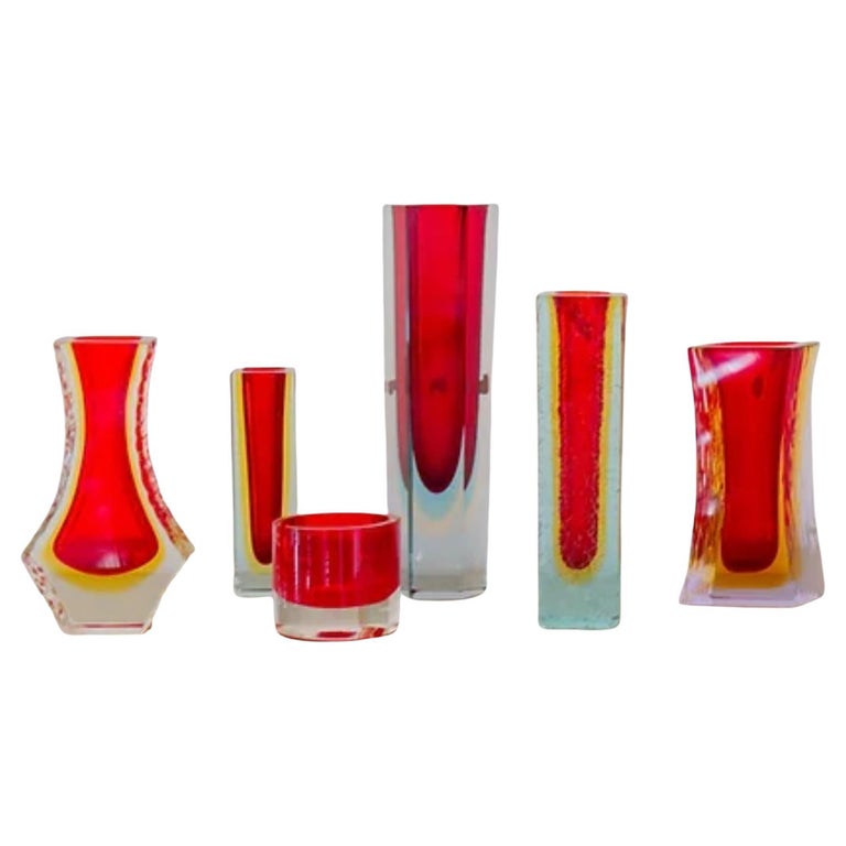 Group of Six Red Murano Glass Vases For Sale at 1stDibs
