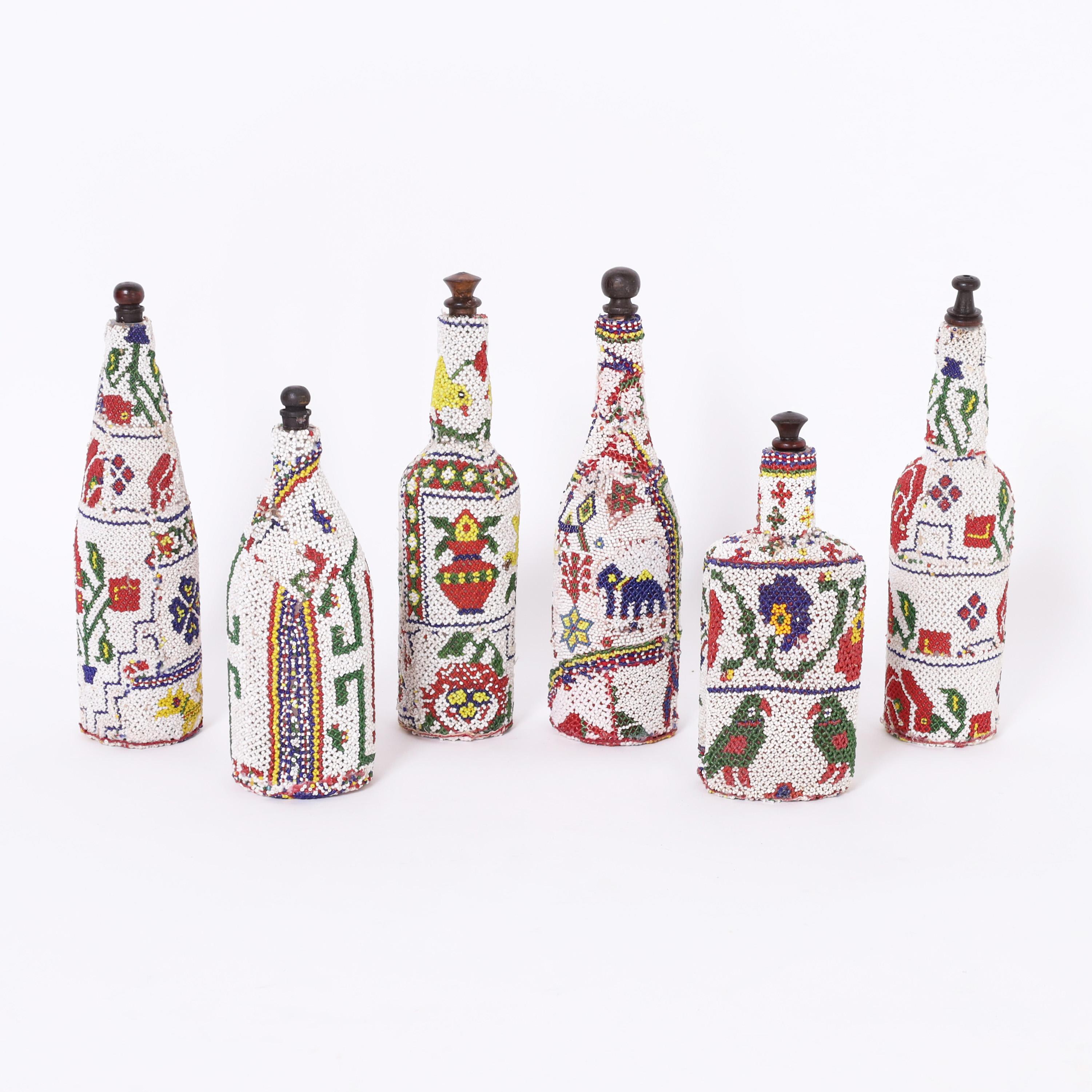 Mid-Century Modern Group of FOUR Vintage African Beaded Bottles, Priced Individually For Sale