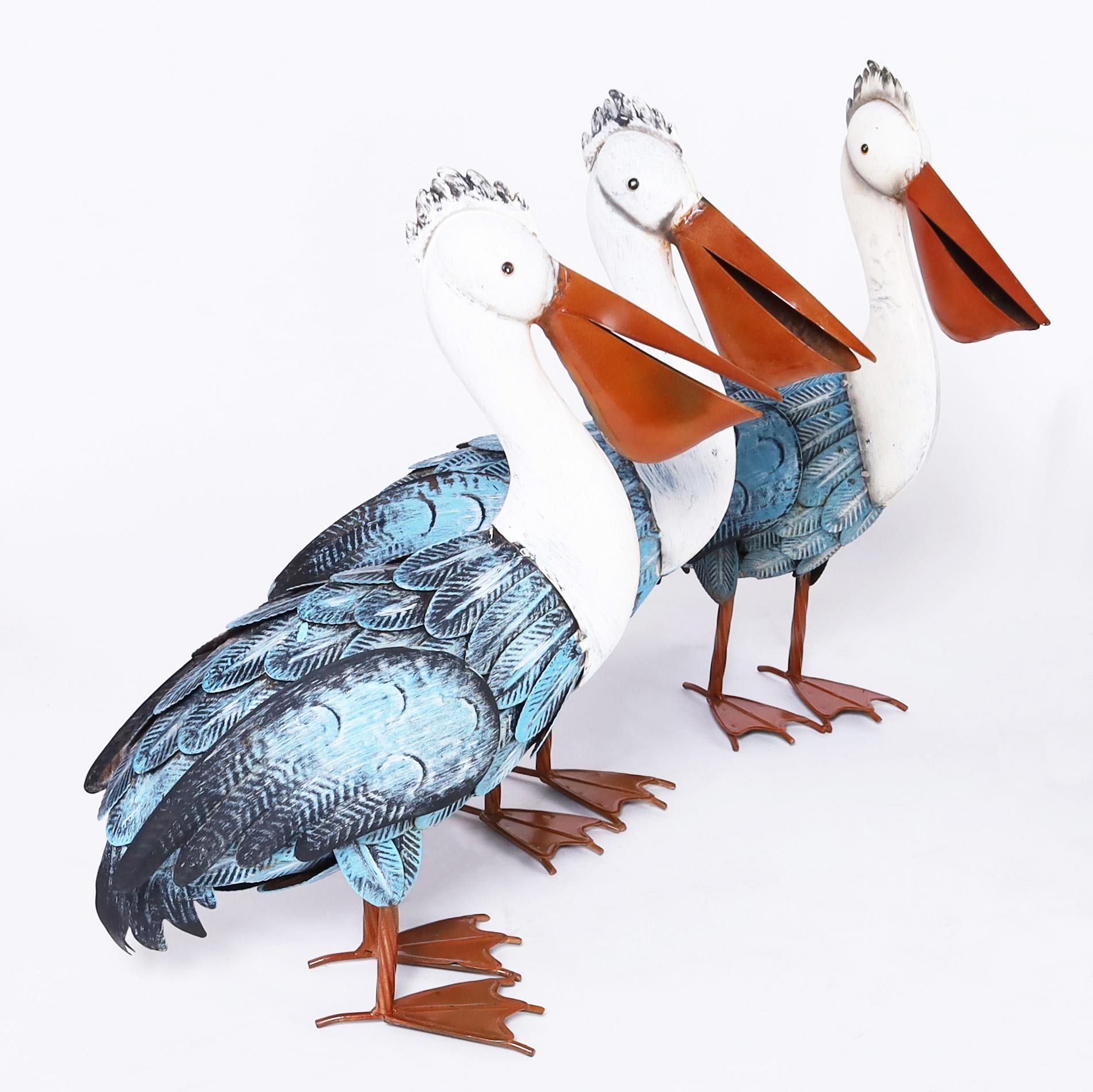 American Group of Six Vintage Folk Art Painted Metal Pelican Sculptures-Priced per Pair