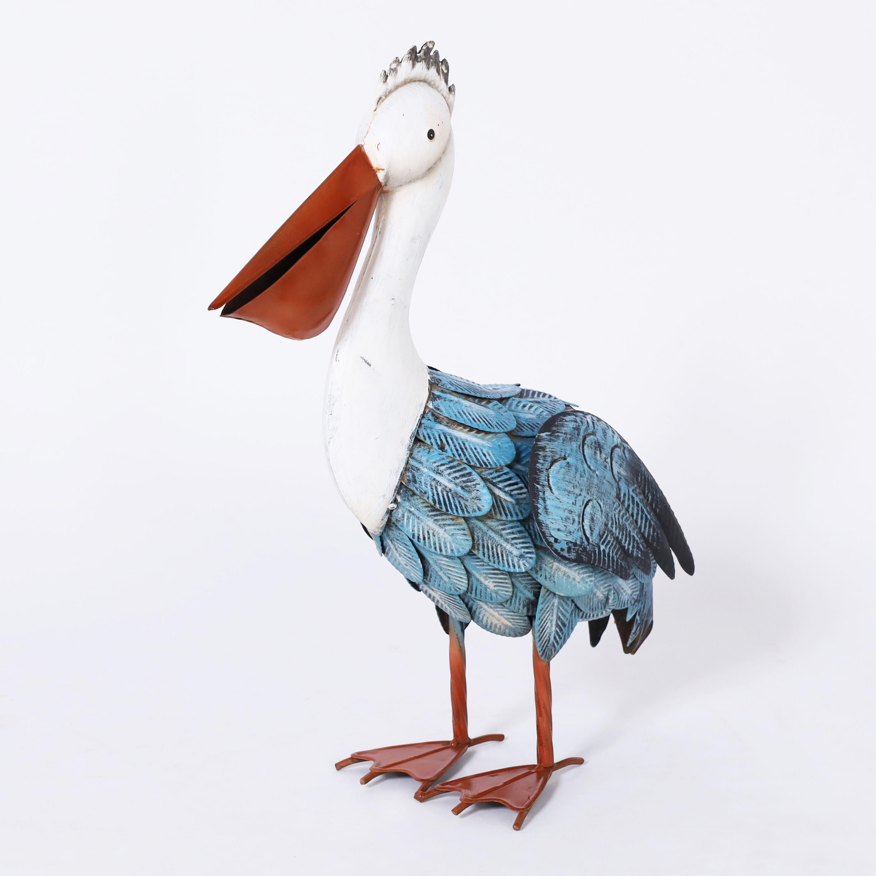 Hand-Crafted Group of Six Vintage Folk Art Painted Metal Pelican Sculptures-Priced per Pair For Sale
