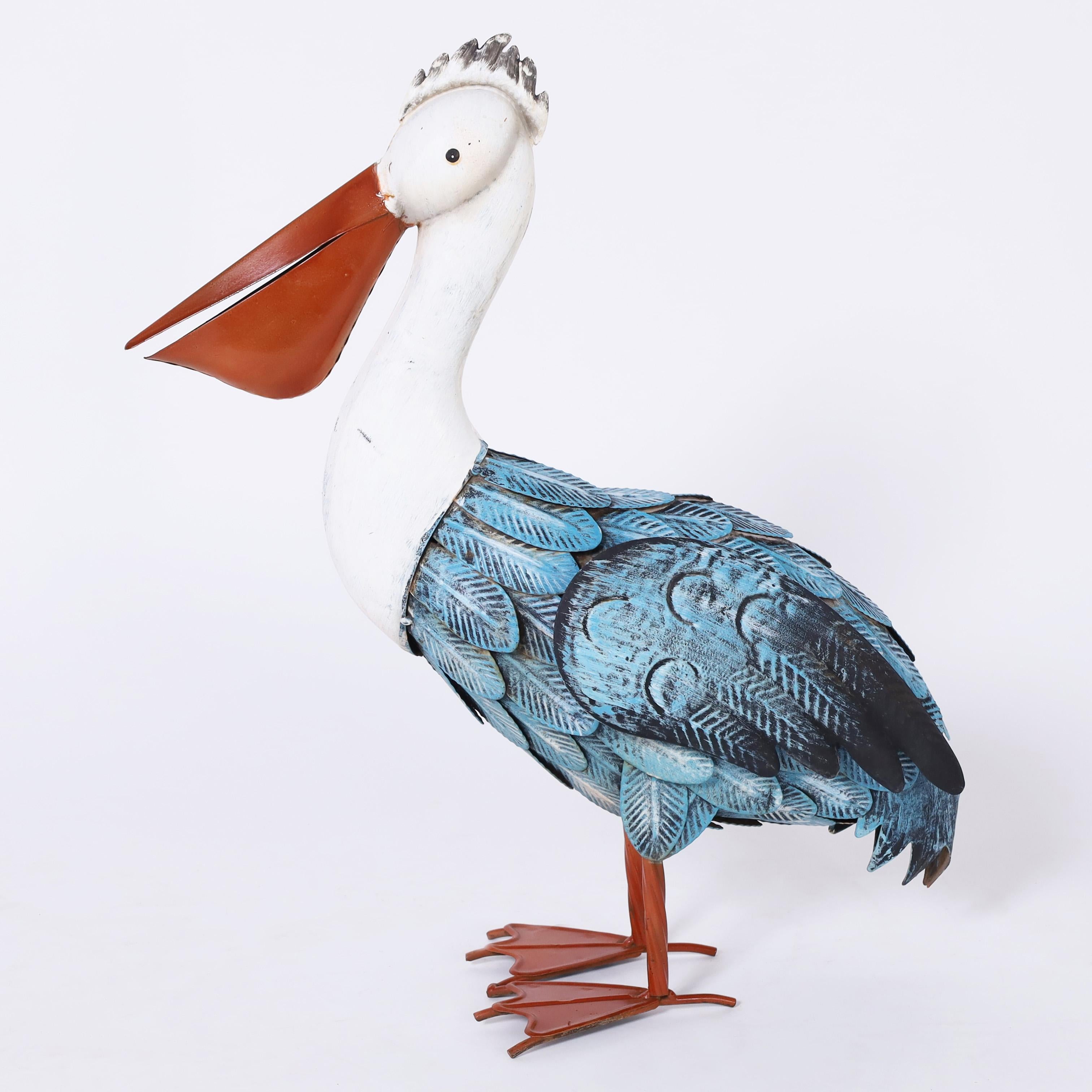 Group of Six Vintage Folk Art Painted Metal Pelican Sculptures-Priced per Pair In Good Condition For Sale In Palm Beach, FL