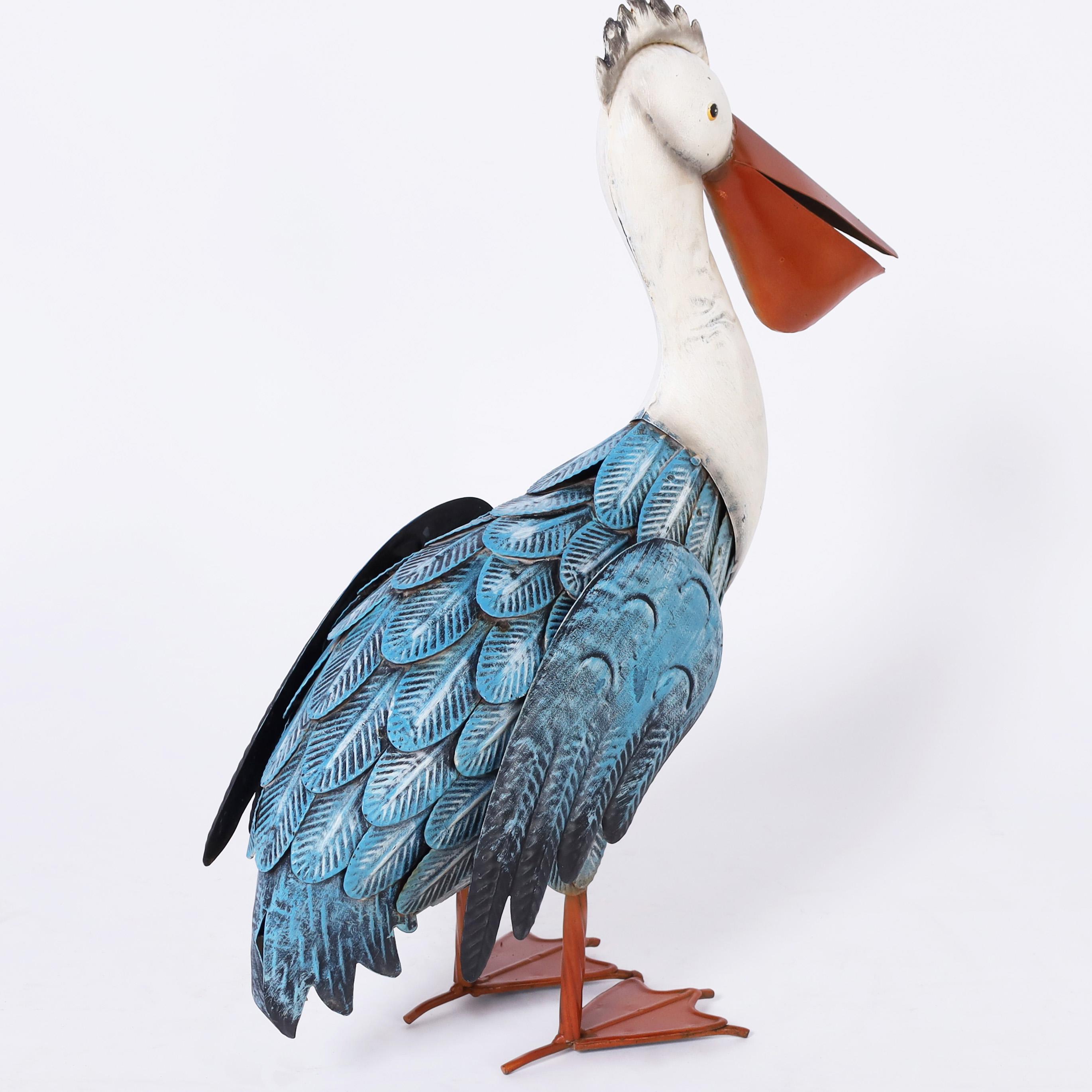 20th Century Group of Six Vintage Folk Art Painted Metal Pelican Sculptures-Priced per Pair For Sale