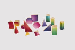 Group of small wooden geometric models with chromatic faces, Italy 1900.