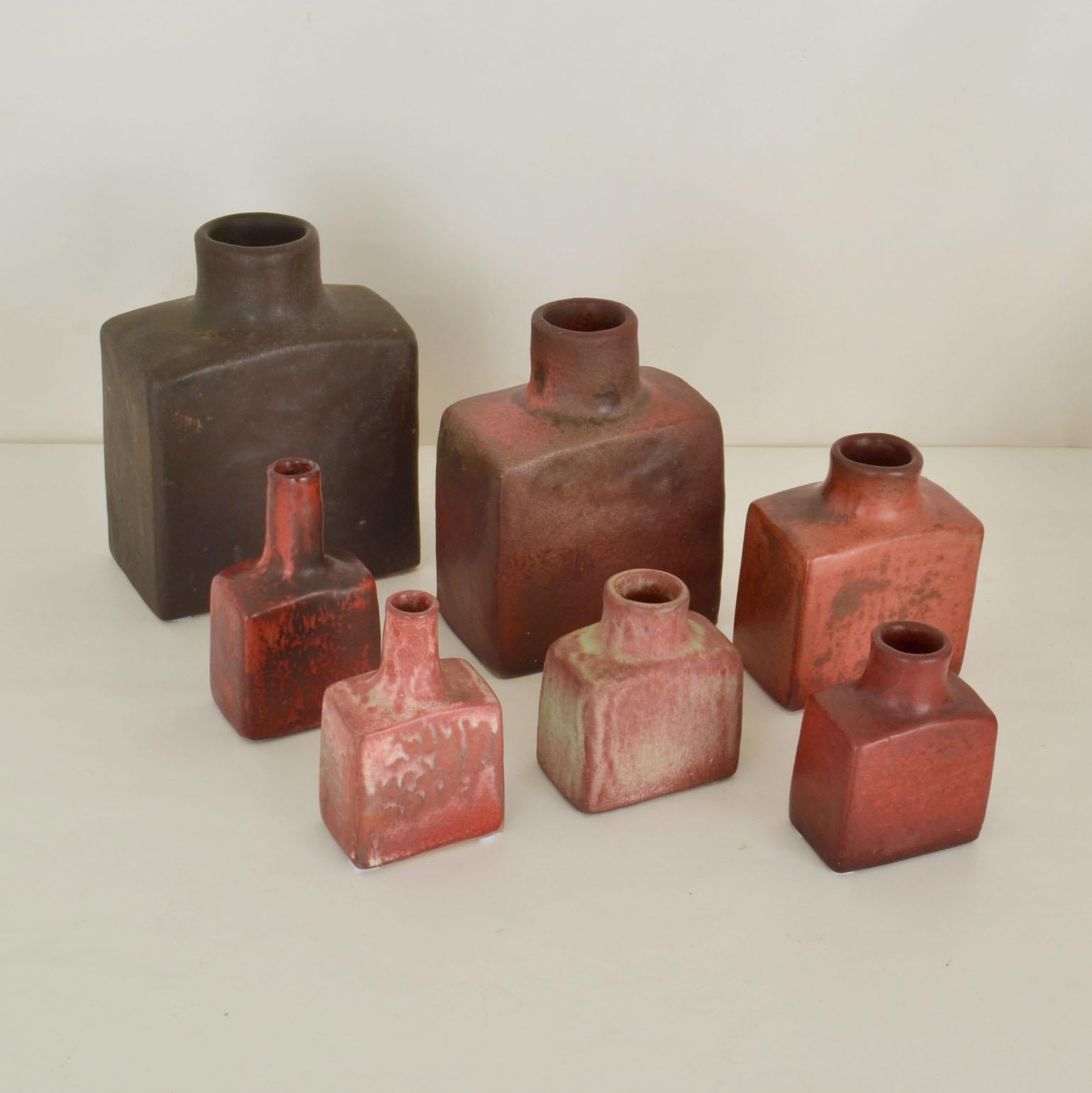 Mid-Century Modern Group of Square Mid-Century Studio Ceramic Vases in Dark Red