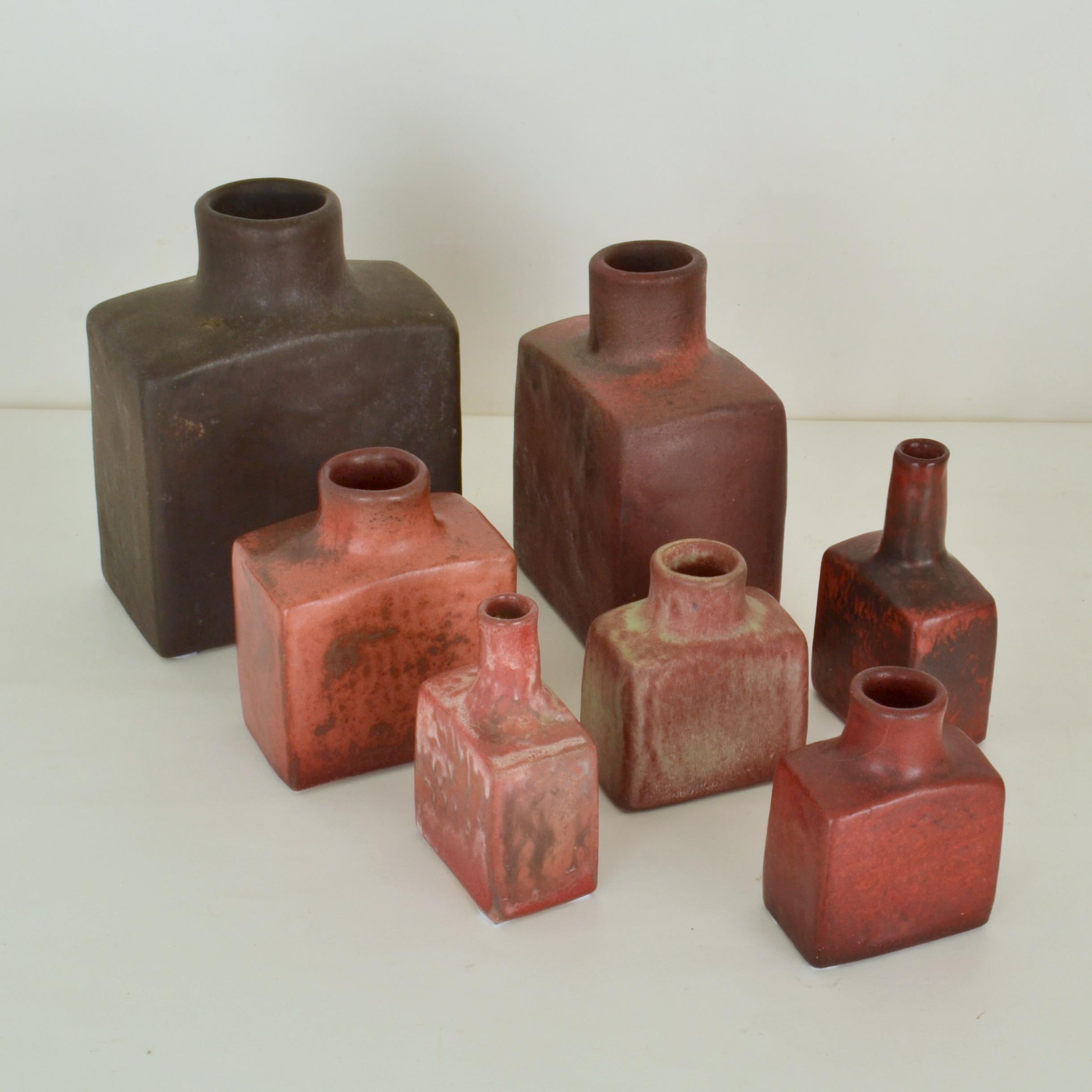 Dutch Group of Square Mid-Century Studio Ceramic Vases in Dark Red