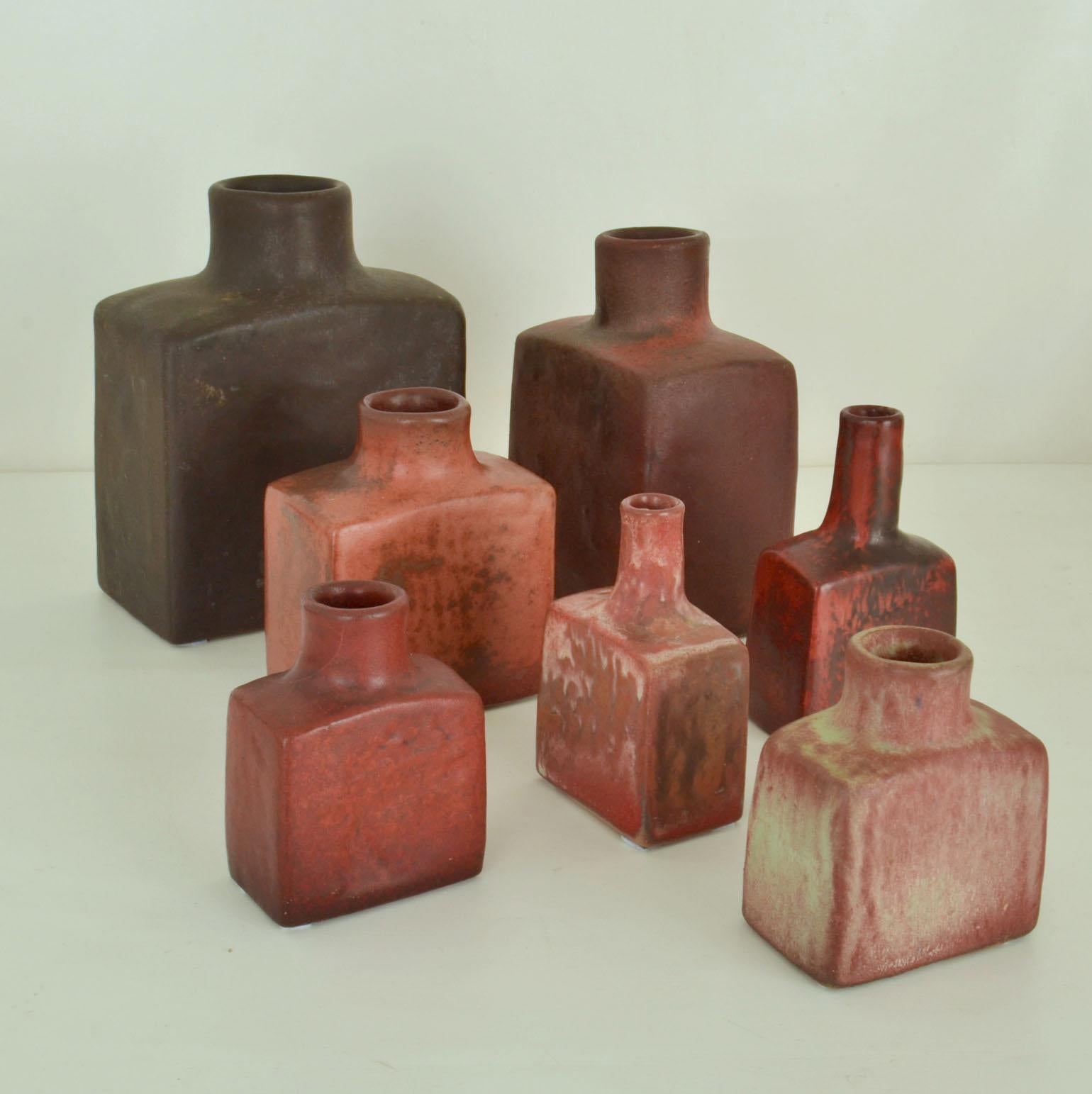 Glazed Group of Square Mid-Century Studio Ceramic Vases in Dark Red