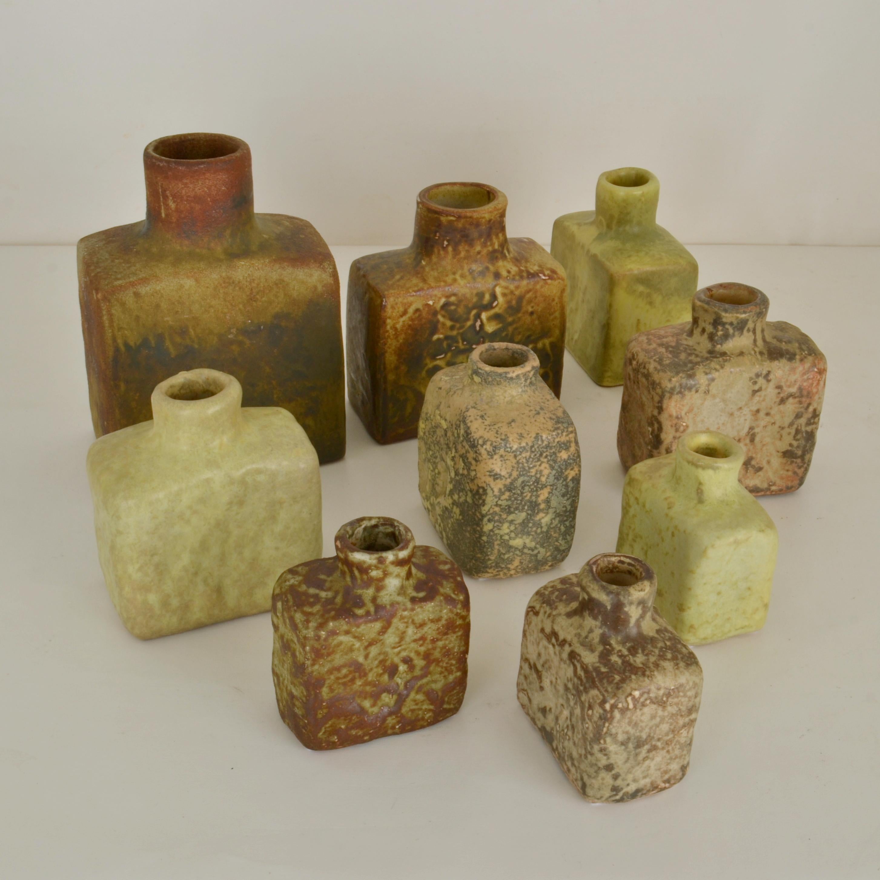 Group of Square Studio Ceramic Vases in Sage and Earth Tones For Sale 3