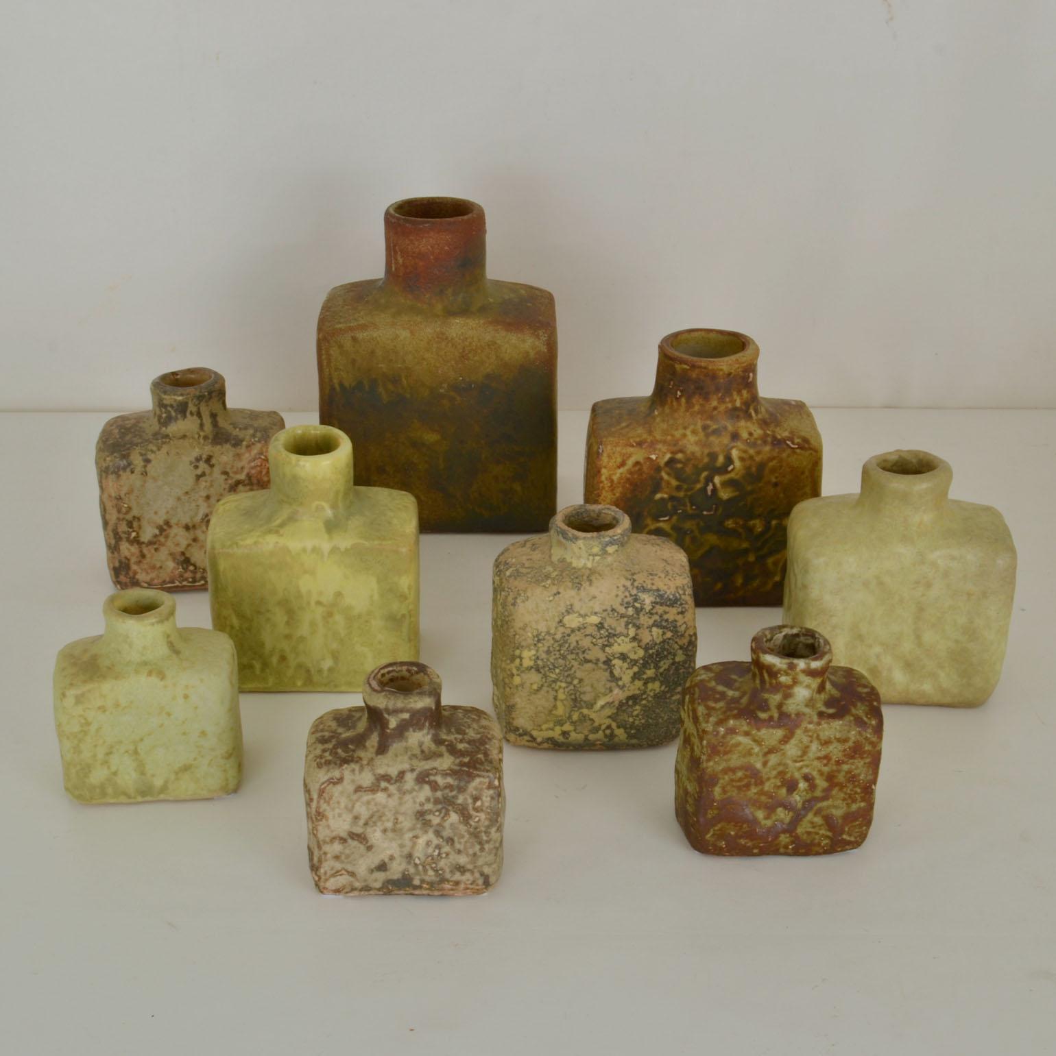 Mid-Century Modern Group of Square Studio Ceramic Vases in Sage and Earth Tones For Sale