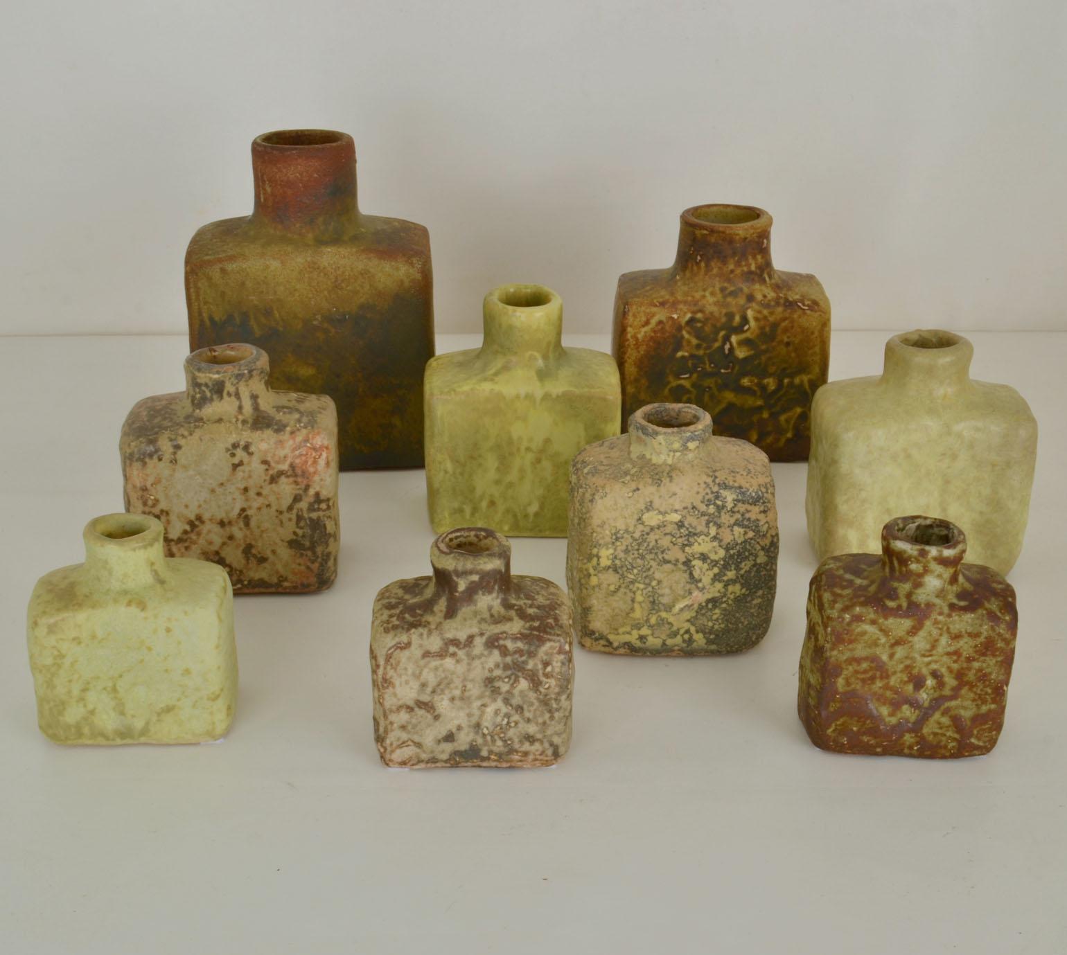 Dutch Group of Square Studio Ceramic Vases in Sage and Earth Tones For Sale