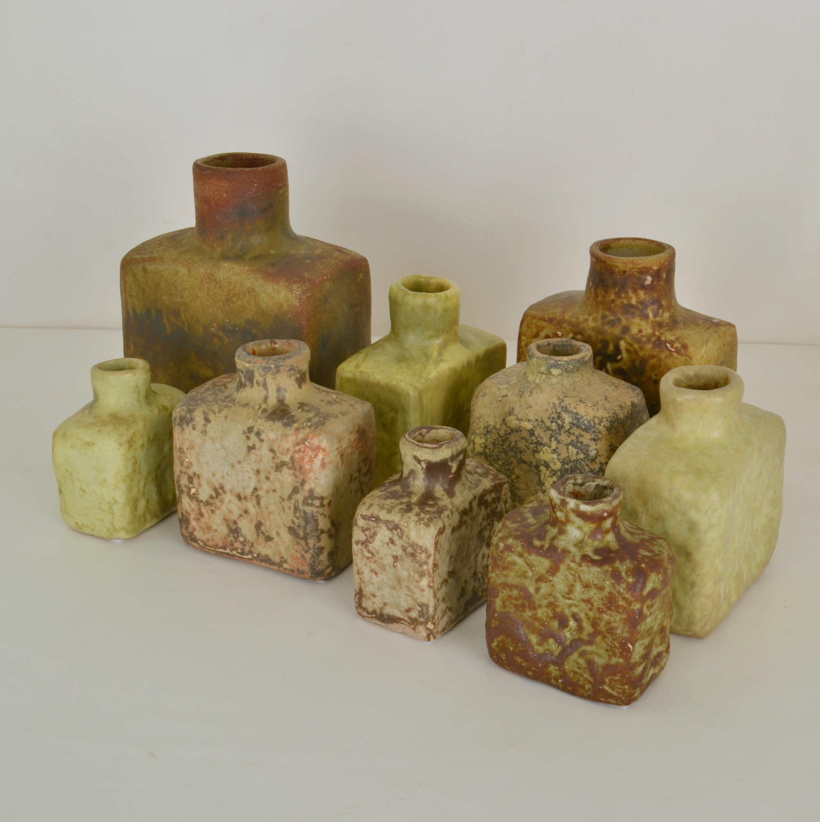 Glazed Group of Square Studio Ceramic Vases in Sage and Earth Tones