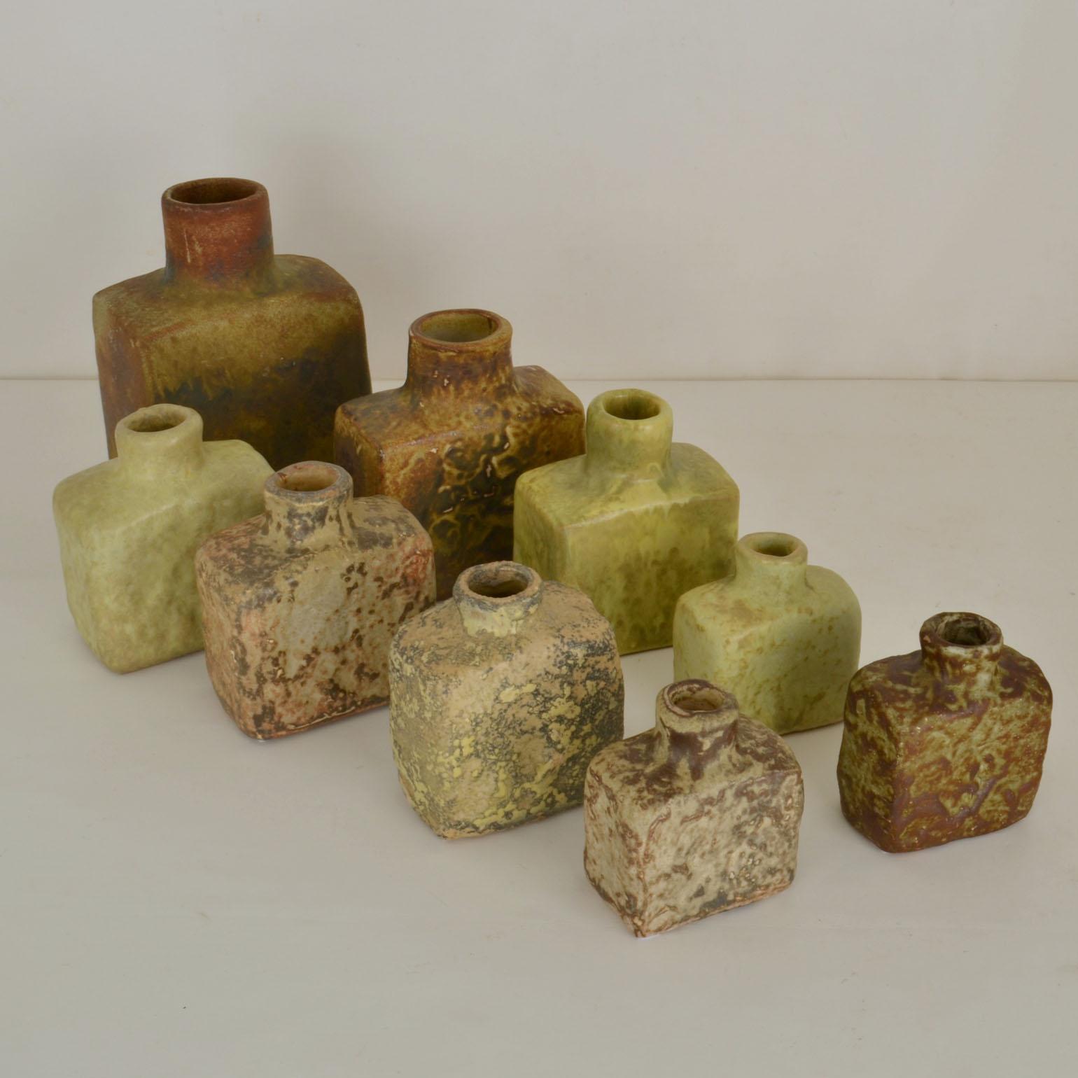 Group of Square Studio Ceramic Vases in Sage and Earth Tones In Excellent Condition In London, GB
