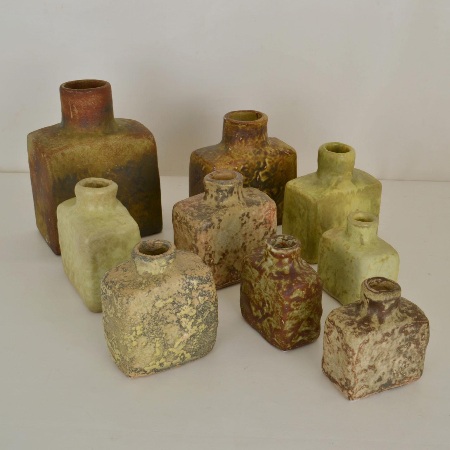 Mid-20th Century Group of Square Studio Ceramic Vases in Sage and Earth Tones For Sale