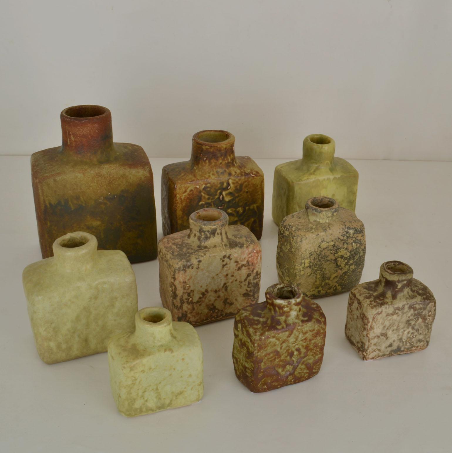 Group of Square Studio Ceramic Vases in Sage and Earth Tones For Sale 1
